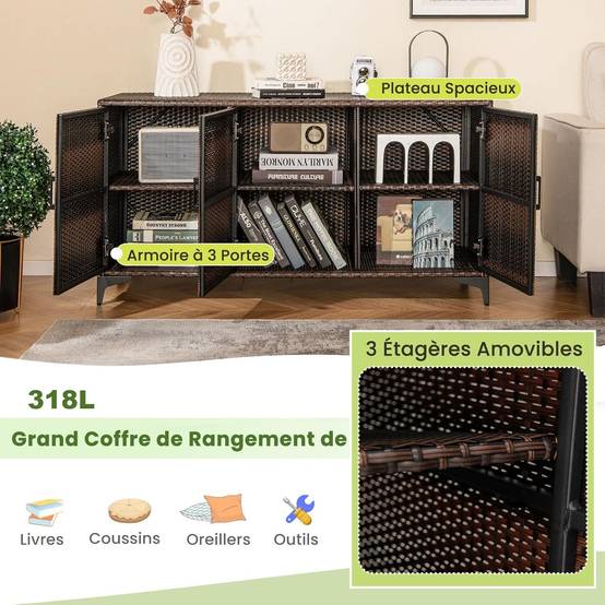 COSTWAY Coffre de Rangement en Résine Tressée pour Patio 318 L, Boîte de Rangement avec 3 Portes Étagères Amovibles Grand Bac Étanche, Marron - Image 4