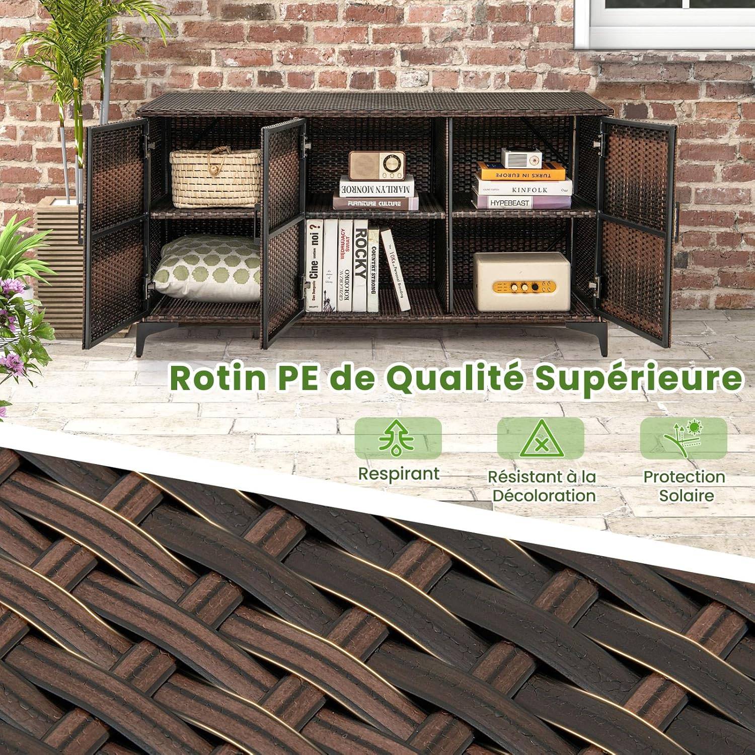 COSTWAY Coffre de Rangement en Résine Tressée pour Patio 318 L, Boîte de Rangement avec 3 Portes Étagères Amovibles Grand Bac Étanche, Marron - Image 7