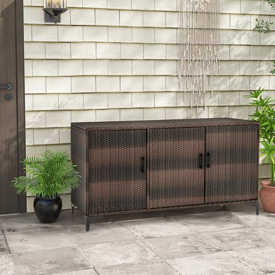 COSTWAY Coffre de Rangement en Résine Tressée pour Patio 318 L, Boîte de Rangement avec 3 Portes Étagères Amovibles Grand Bac Étanche, Marron - Image 2