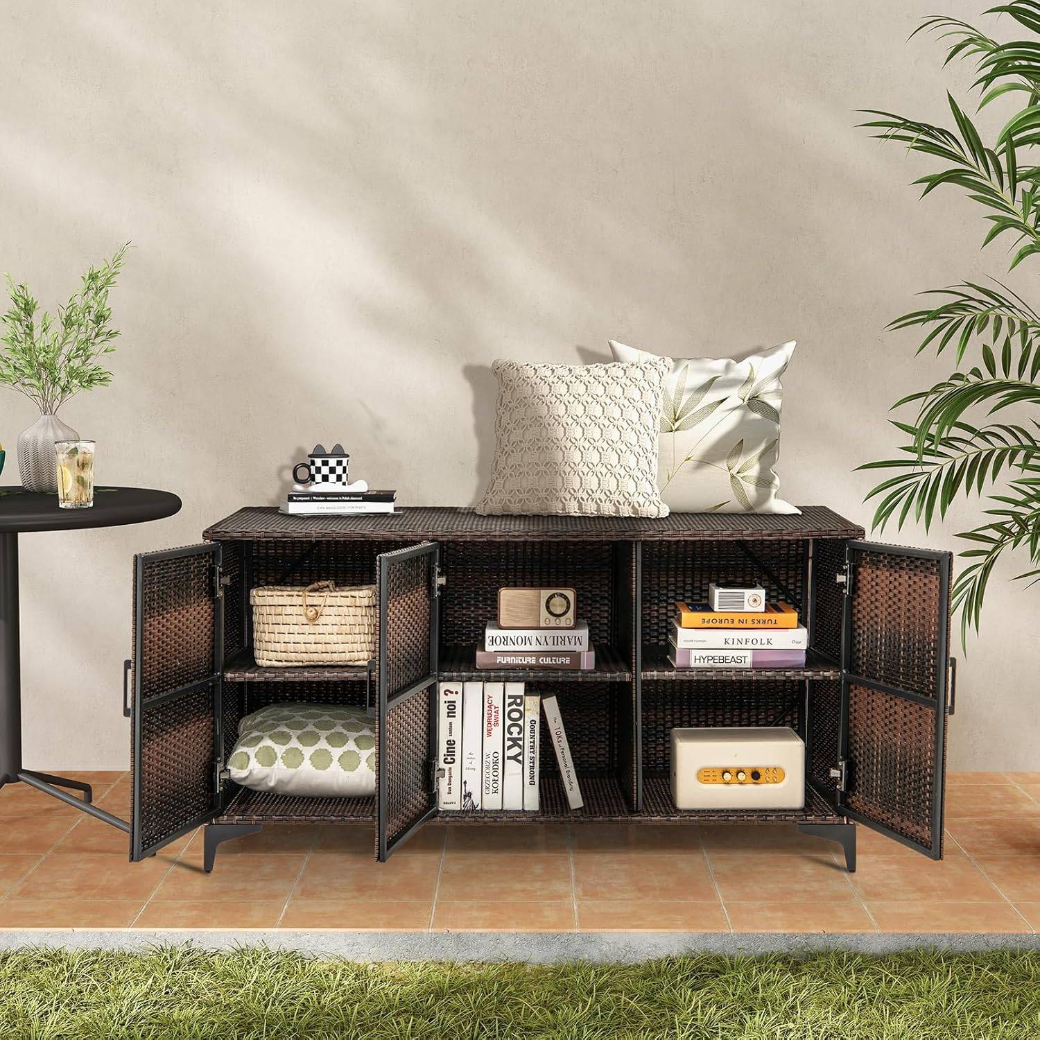 COSTWAY Coffre de Rangement en Résine Tressée pour Patio 318 L, Boîte de Rangement avec 3 Portes Étagères Amovibles Grand Bac Étanche, Marron - Image 8