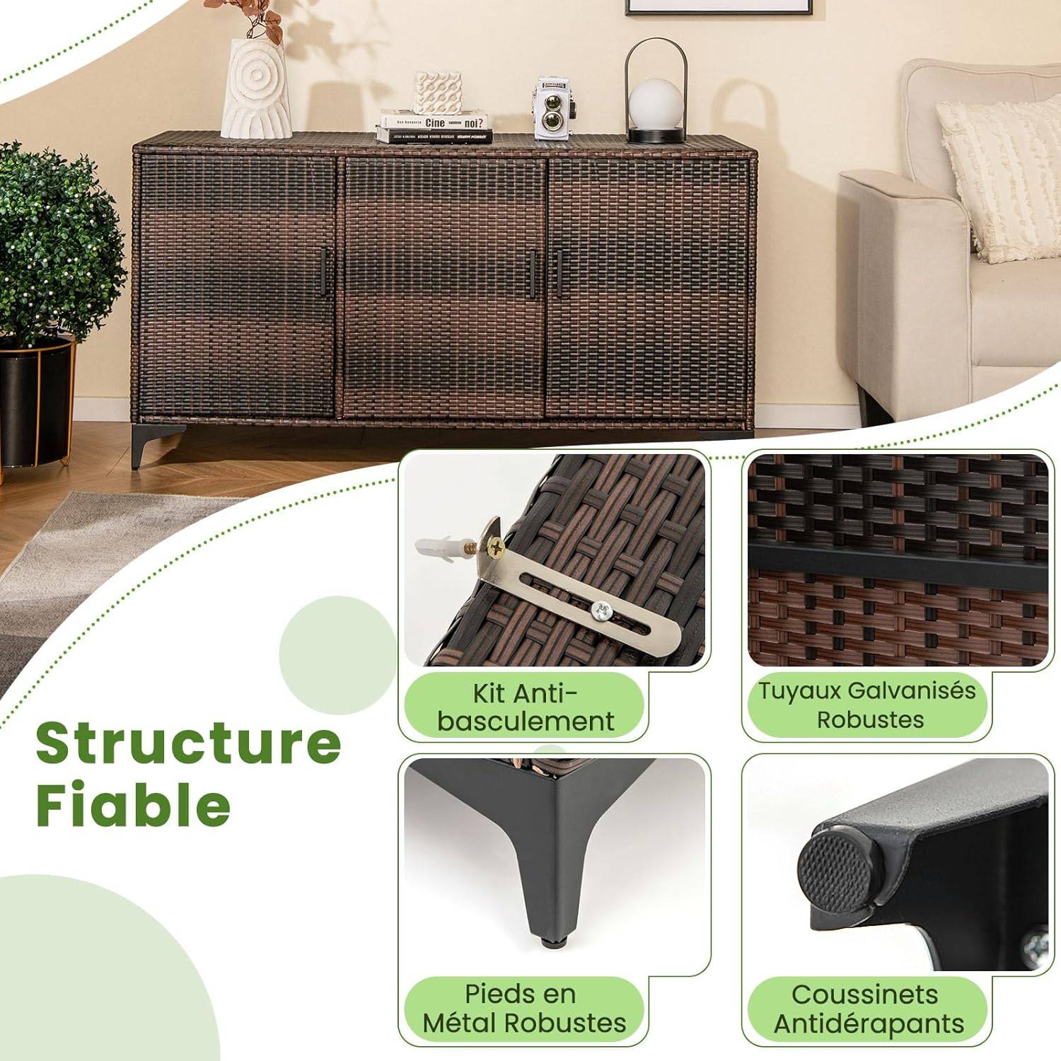 COSTWAY Coffre de Rangement en Résine Tressée pour Patio 318 L, Boîte de Rangement avec 3 Portes Étagères Amovibles Grand Bac Étanche, Marron - Image 6