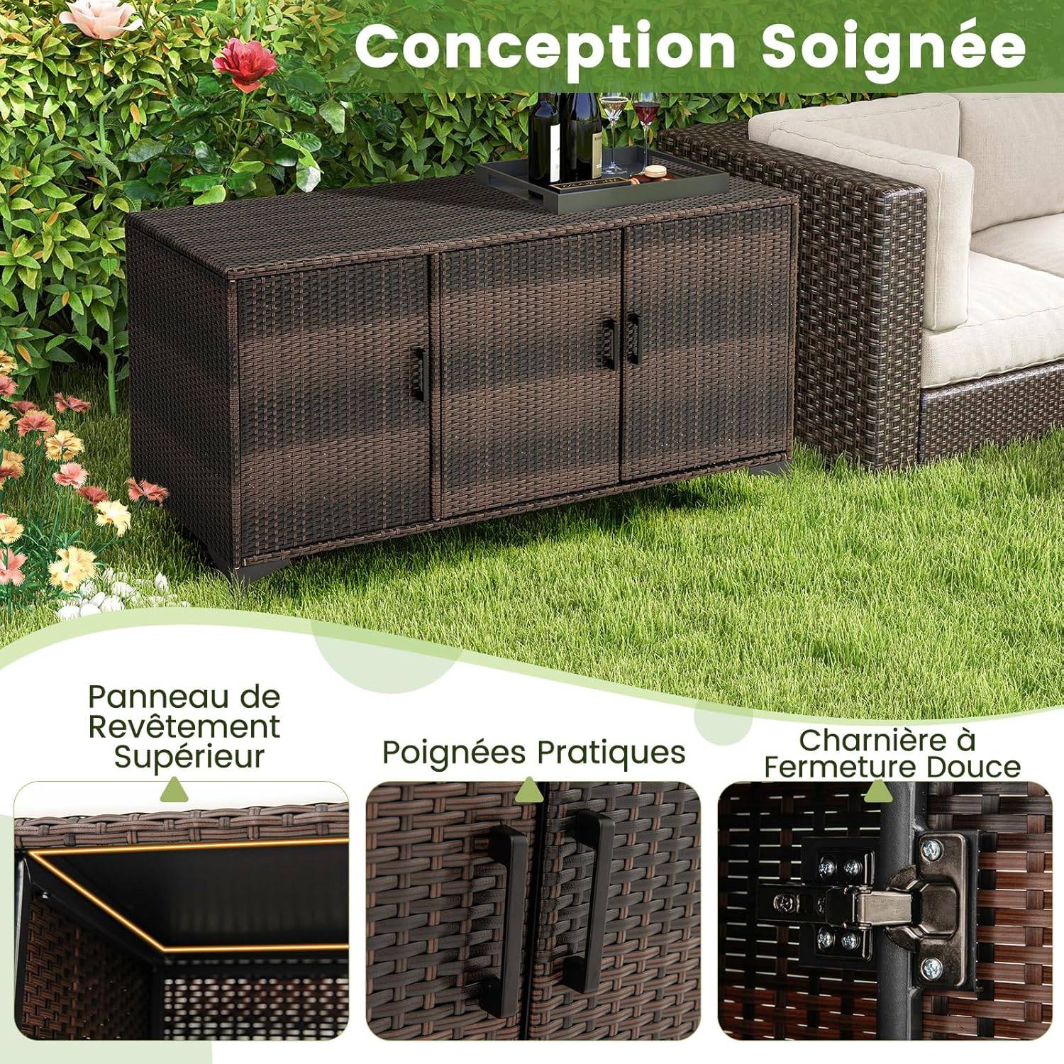 COSTWAY Coffre de Rangement en Résine Tressée pour Patio 318 L, Boîte de Rangement avec 3 Portes Étagères Amovibles Grand Bac Étanche, Marron - Image 3