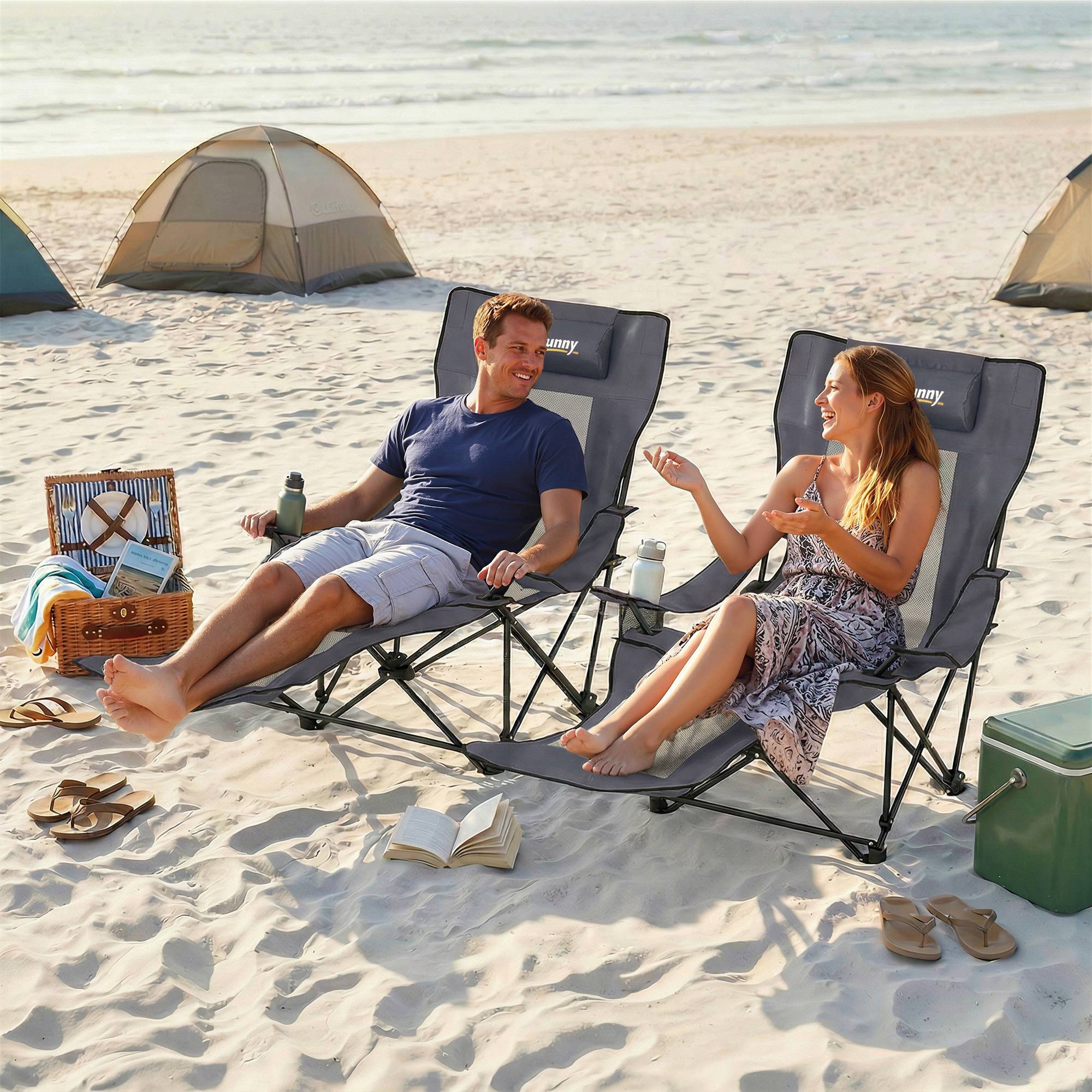 Lot de 2 chaises camping pliantes avec dossier réglable, repose-pieds, porte-gobelet et appui-tête gris foncé - Image 4