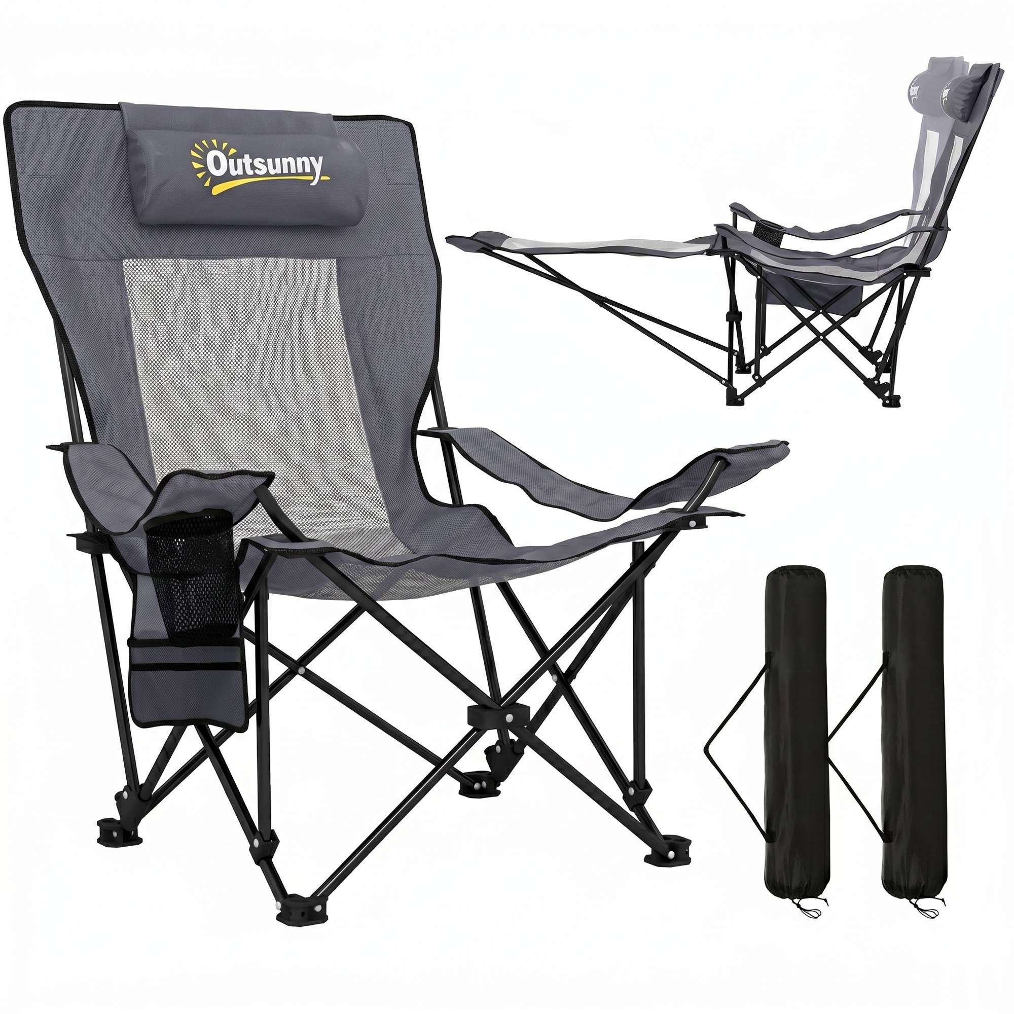 Lot de 2 chaises camping pliantes avec dossier réglable, repose-pieds, porte-gobelet et appui-tête gris foncé - Image 1