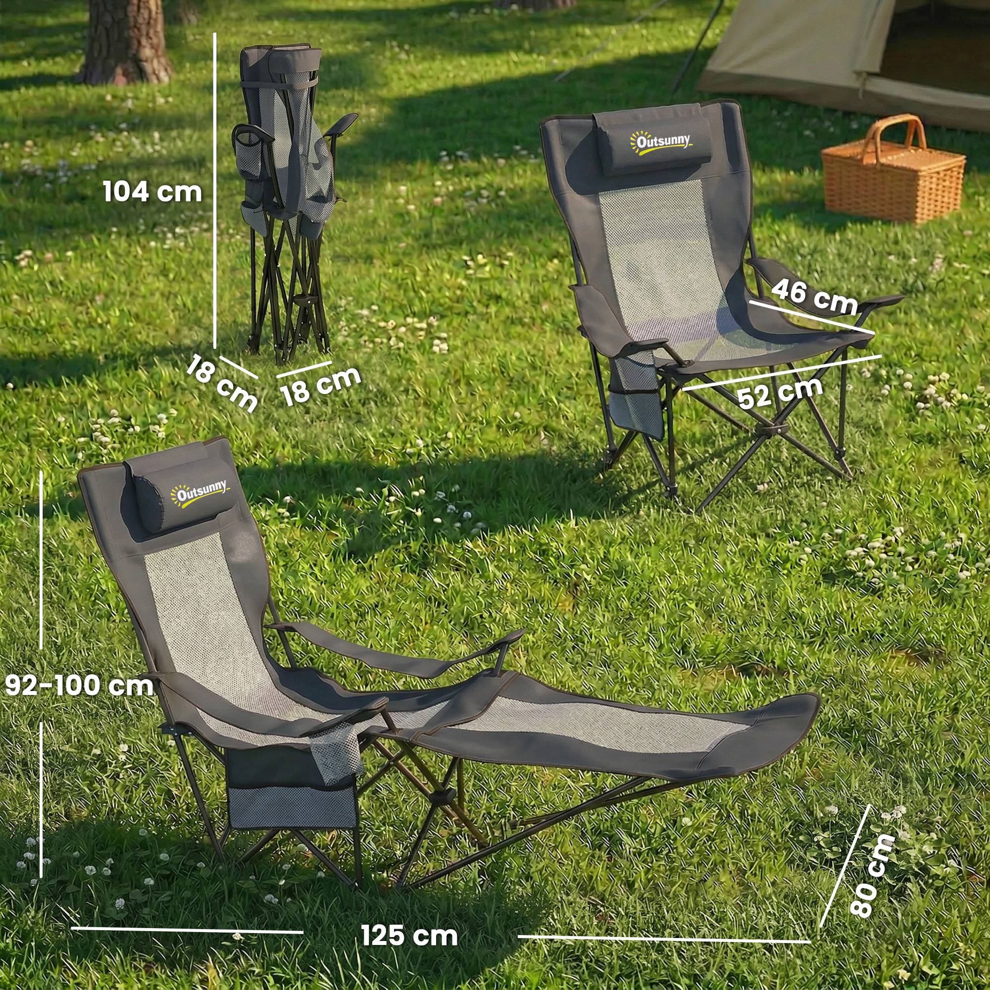 Lot de 2 chaises camping pliantes avec dossier réglable, repose-pieds, porte-gobelet et appui-tête gris foncé - Image 5