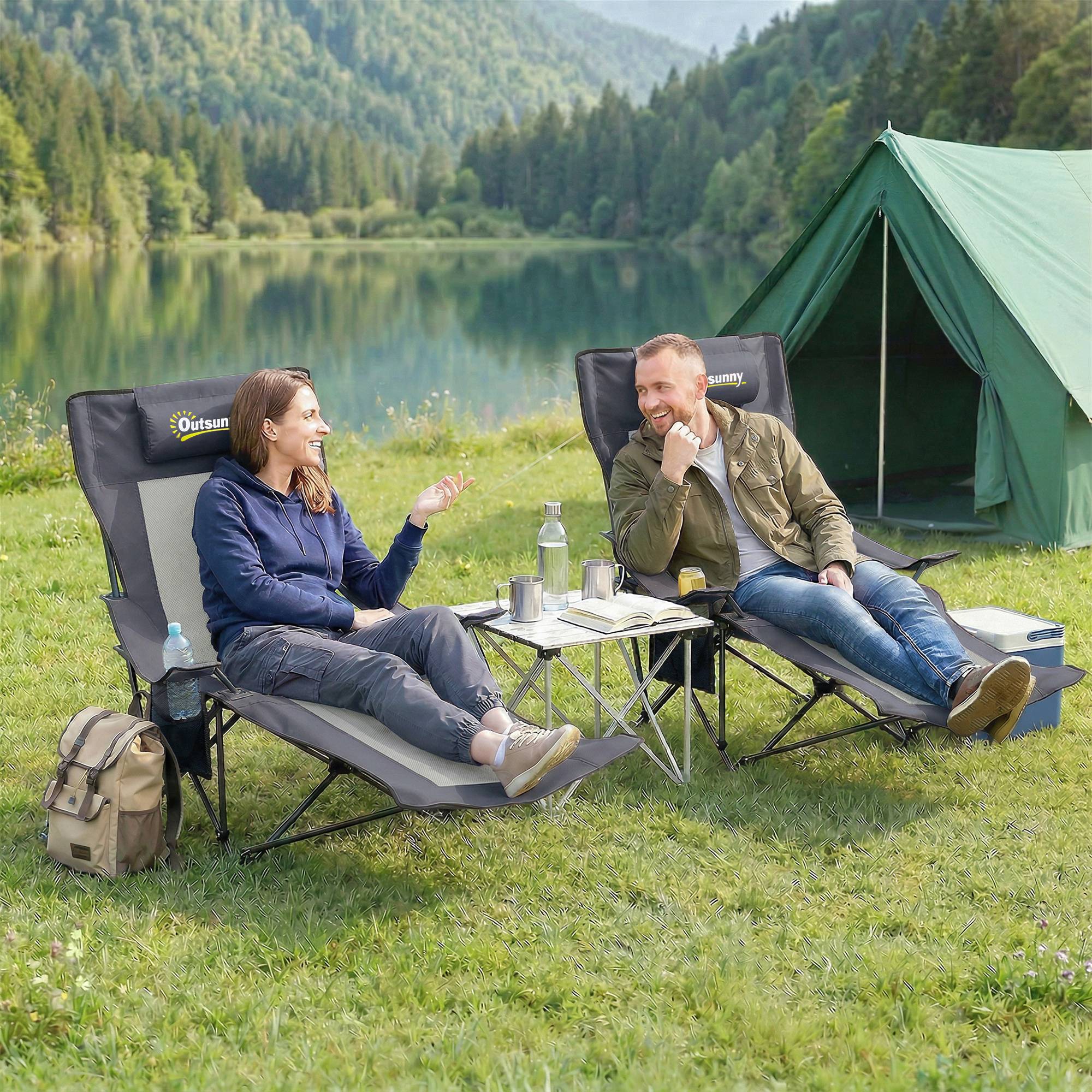 Lot de 2 chaises camping pliantes avec dossier réglable, repose-pieds, porte-gobelet et appui-tête gris foncé - Image 3