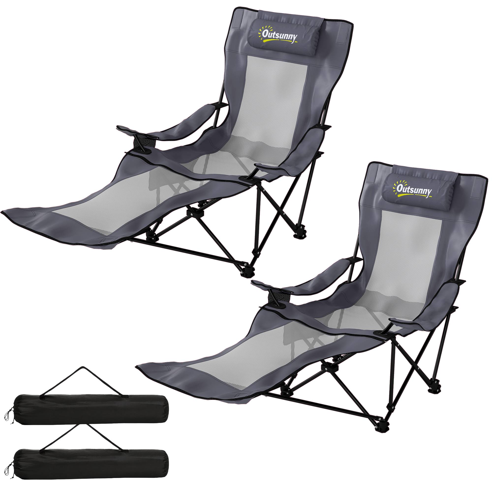 Lot de 2 chaises camping pliantes avec dossier réglable, repose-pieds, porte-gobelet et appui-tête gris foncé - Image 2