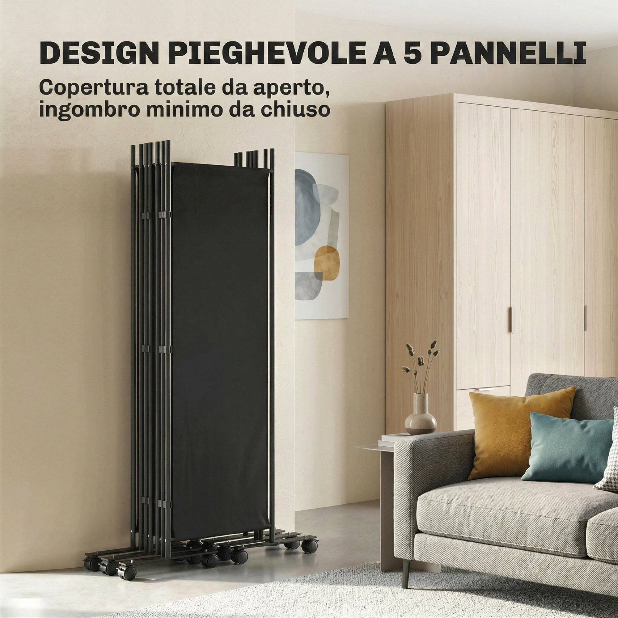 Paravent décoratif en acier à 5 panneaux avec 12 roulettes et clips de fixation, noir - Image 7