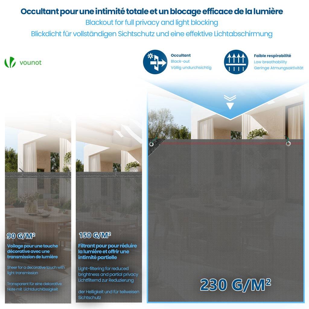 Vounot - Brise vue occultant en HDPE 230g/m² 1.5x10m avec attaches de fixation gris - Image 4