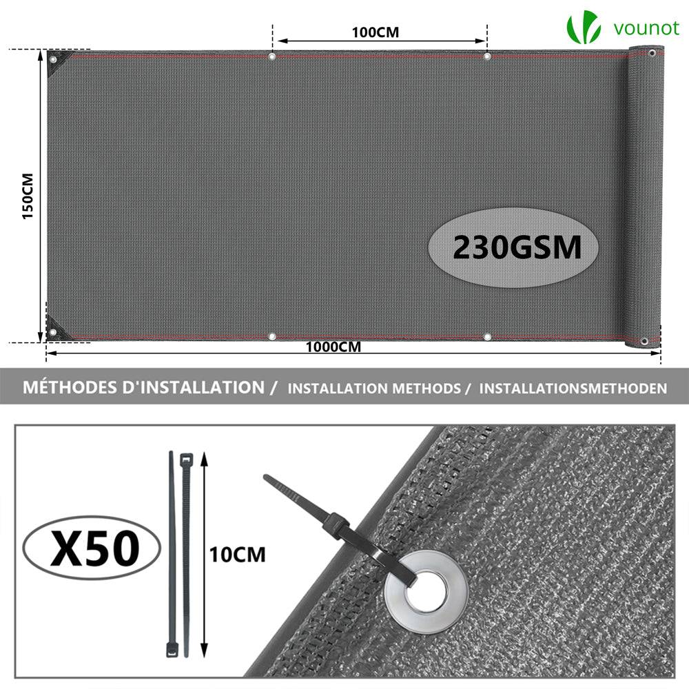 Vounot - Brise vue occultant en HDPE 230g/m² 1.5x10m avec attaches de fixation gris - Image 2