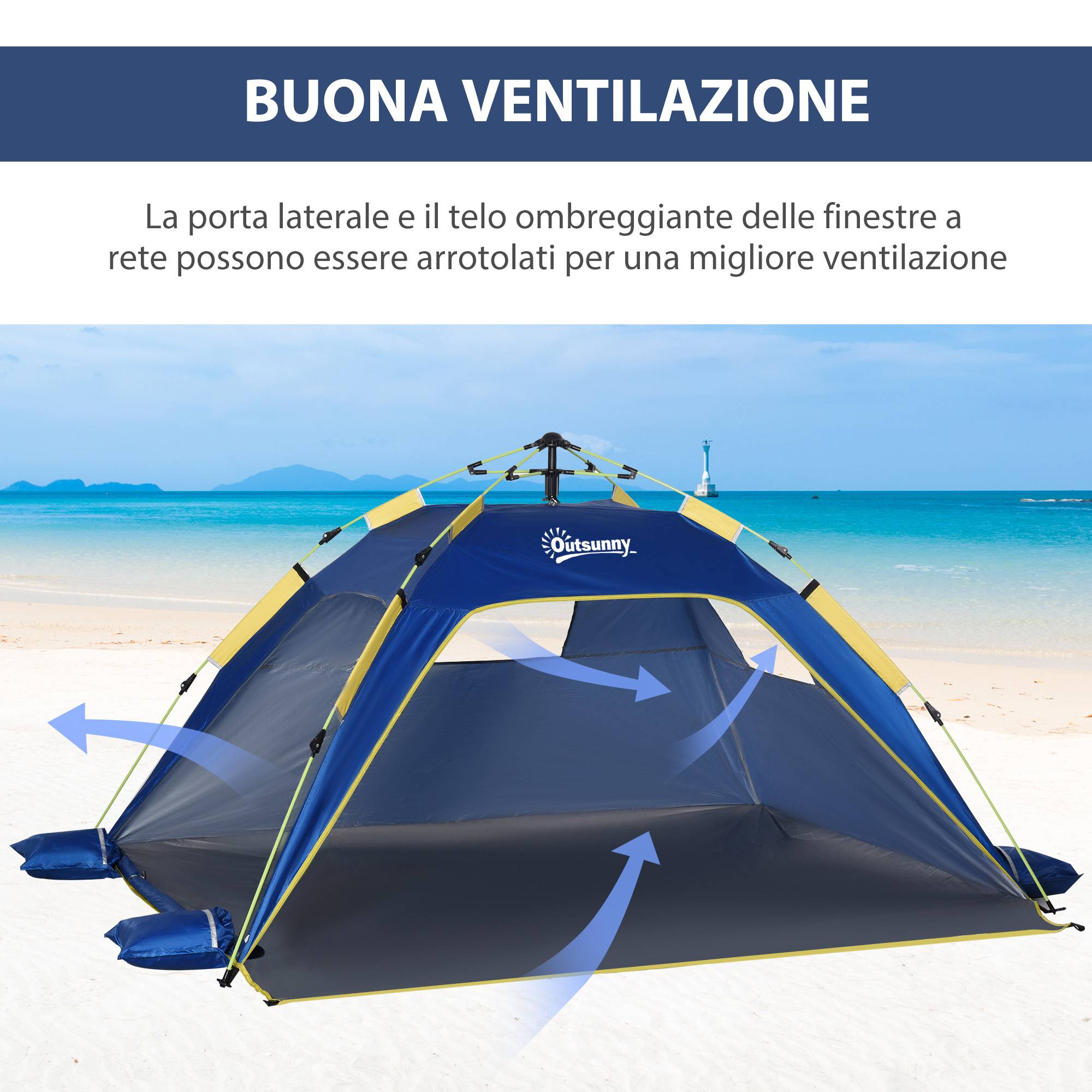 Tente de plage pliable 2 personnes avec fenêtres, fibre de verre et polyester 220x173x120 cm bleue jaune - Image 6