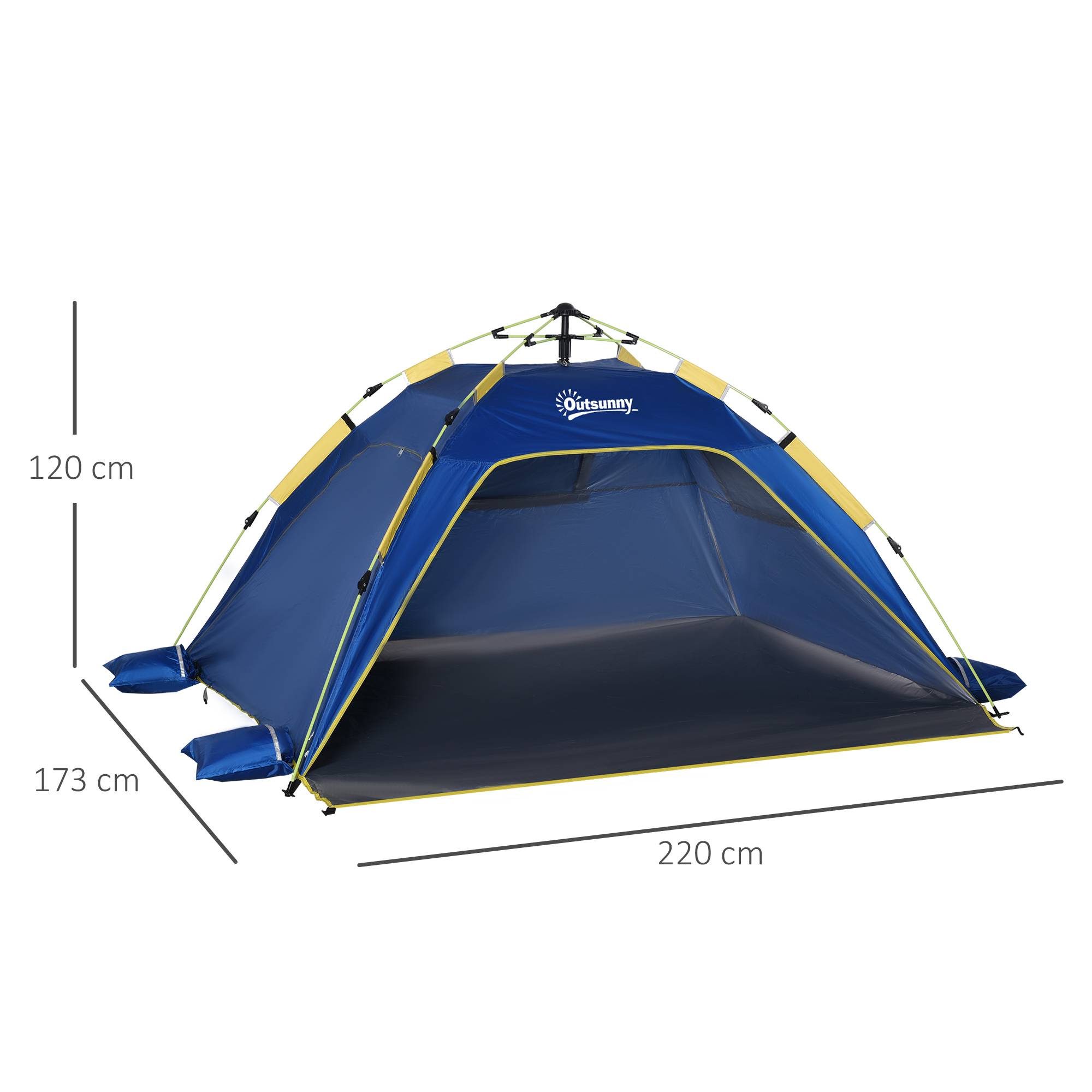 Tente de plage pliable 2 personnes avec fenêtres, fibre de verre et polyester 220x173x120 cm bleue jaune - Image 5