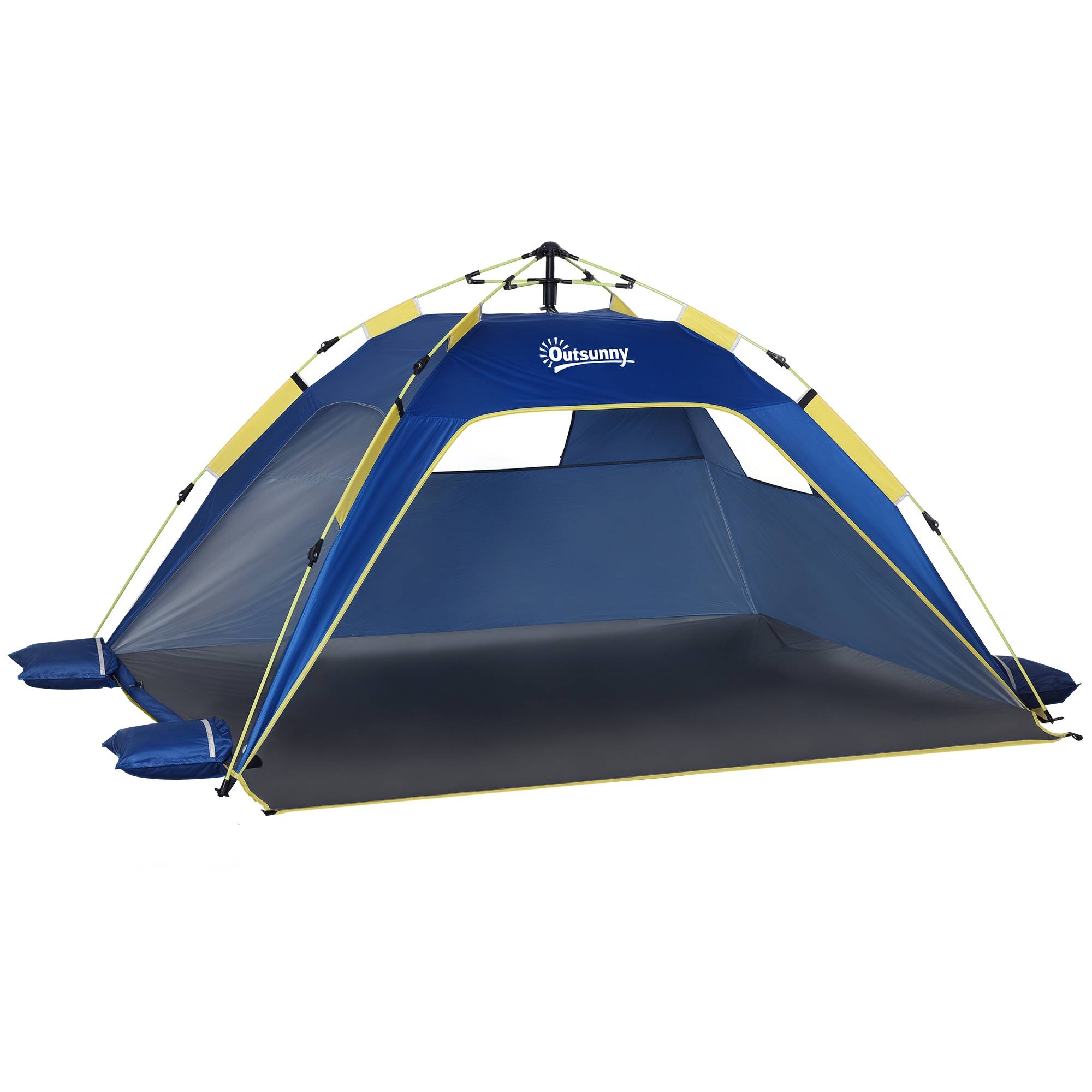 Tente de plage pliable 2 personnes avec fenêtres, fibre de verre et polyester 220x173x120 cm bleue jaune - Image 1
