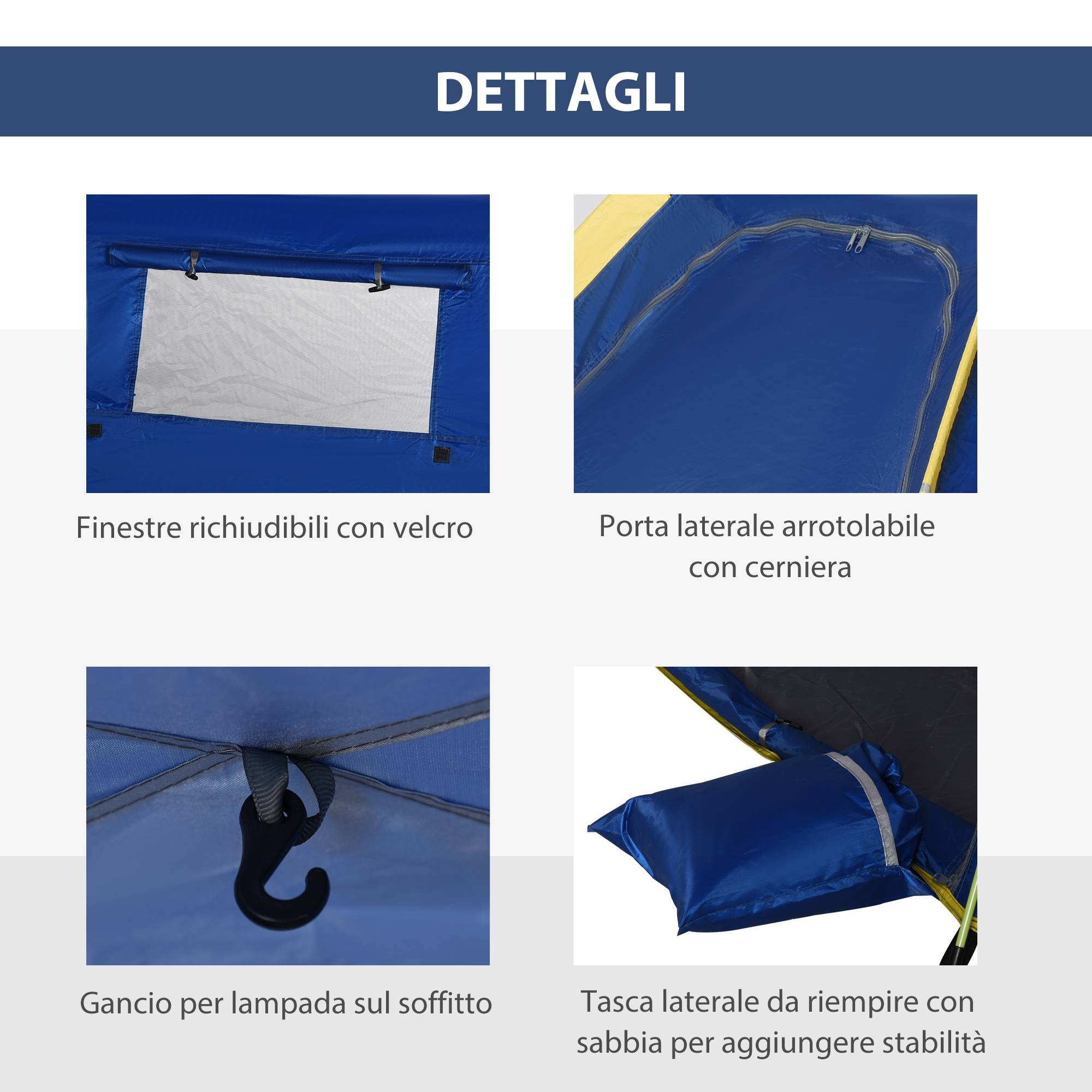 Tente de plage pliable 2 personnes avec fenêtres, fibre de verre et polyester 220x173x120 cm bleue jaune - Image 8