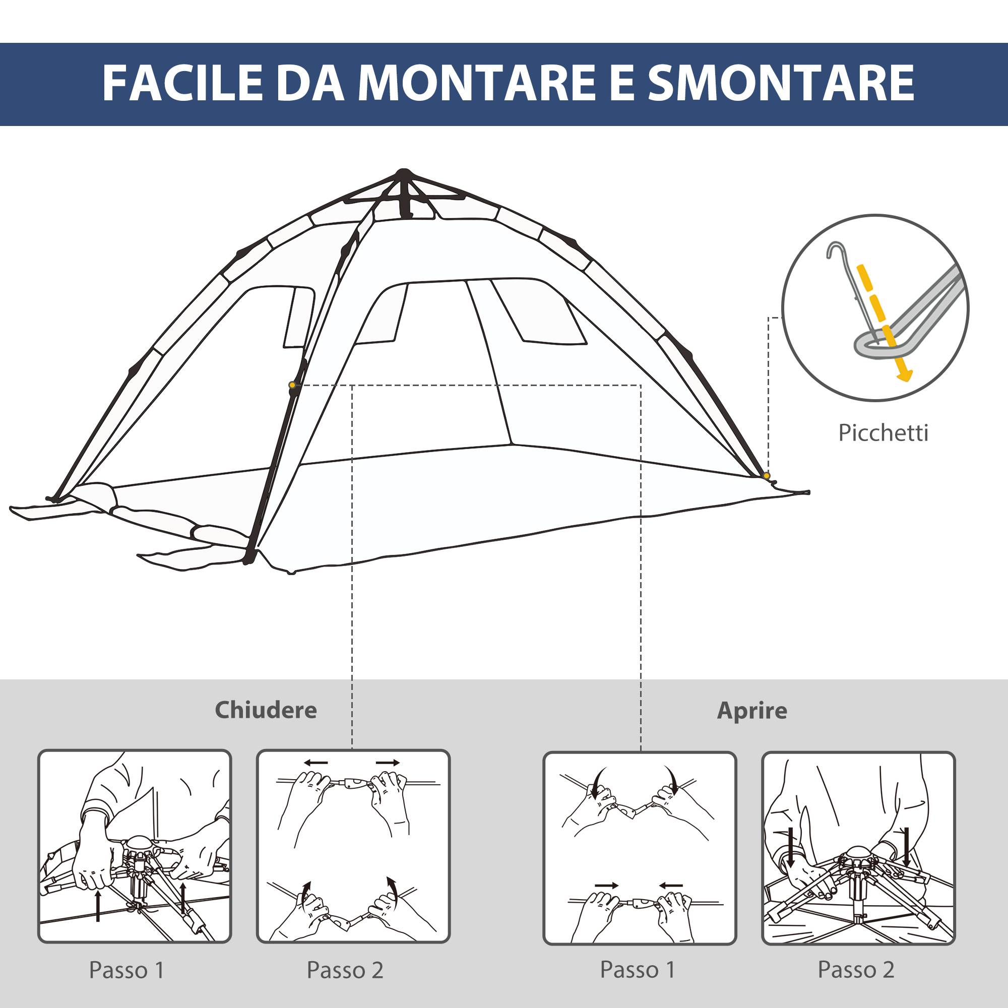 Tente de plage pliable 2 personnes avec fenêtres, fibre de verre et polyester 220x173x120 cm bleue jaune - Image 7