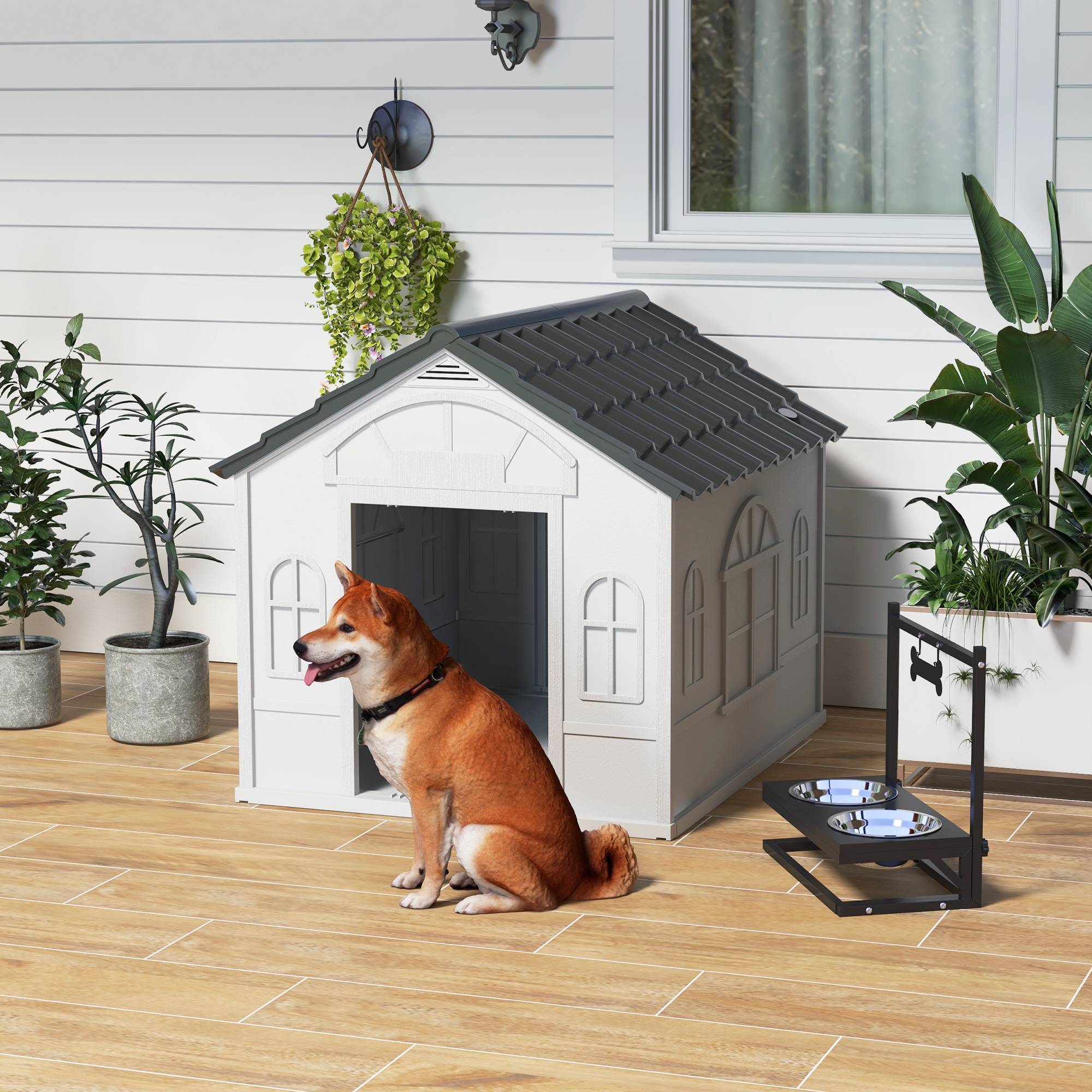 Sans Marque - Niche pour Chien Extérieur avec Toit en Pente et Porte Avant Ouverte, pour Chiens Moyens et Grands, 84,2x98,2x82cm, Gris - Image 4