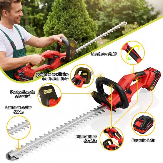Taille-Haies sur Batterie 20V, 1 Batterie 4000mAh, Lame 52cm, Coupe 16mm, Idéal pour Jardin, Haies, Arbustes et Buissons - Image 2