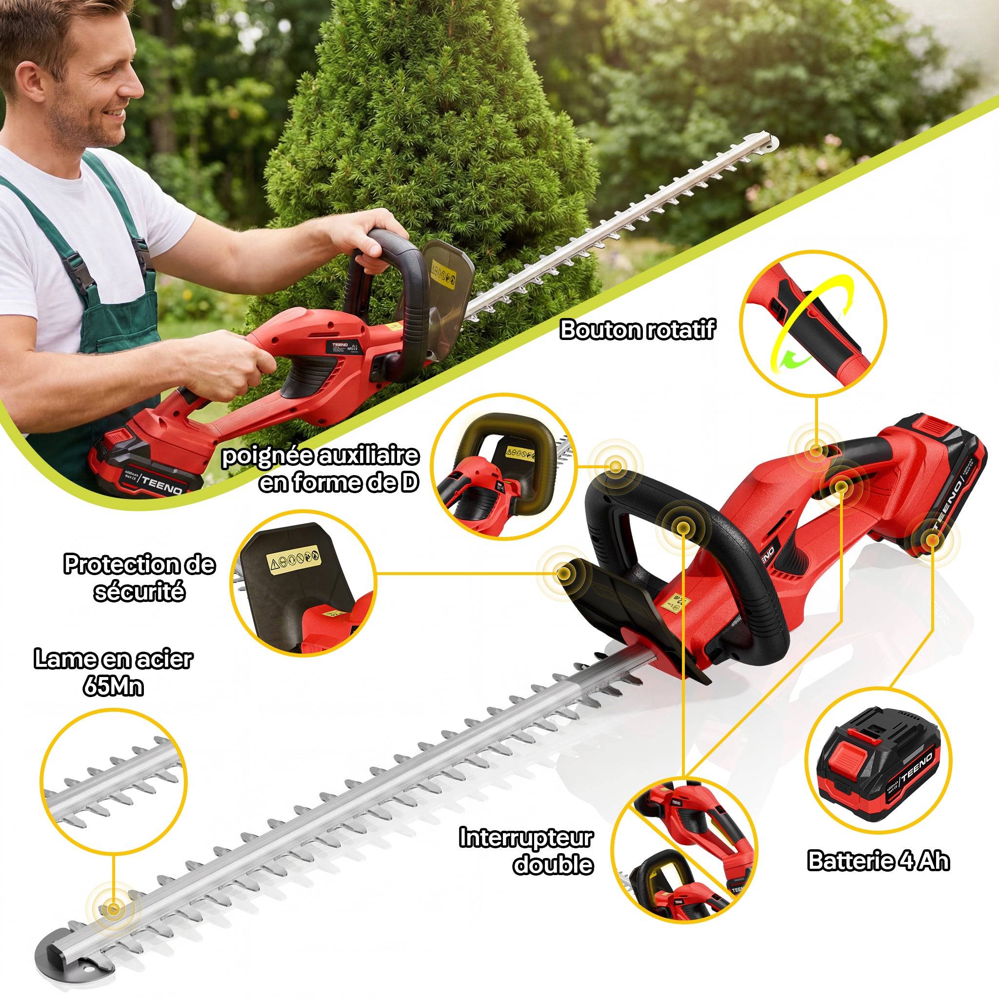 Taille-Haies sur Batterie 20V, 1 Batterie 4000mAh, Lame 52cm, Coupe 16mm, Idéal pour Jardin, Haies, Arbustes et Buissons - Image 2