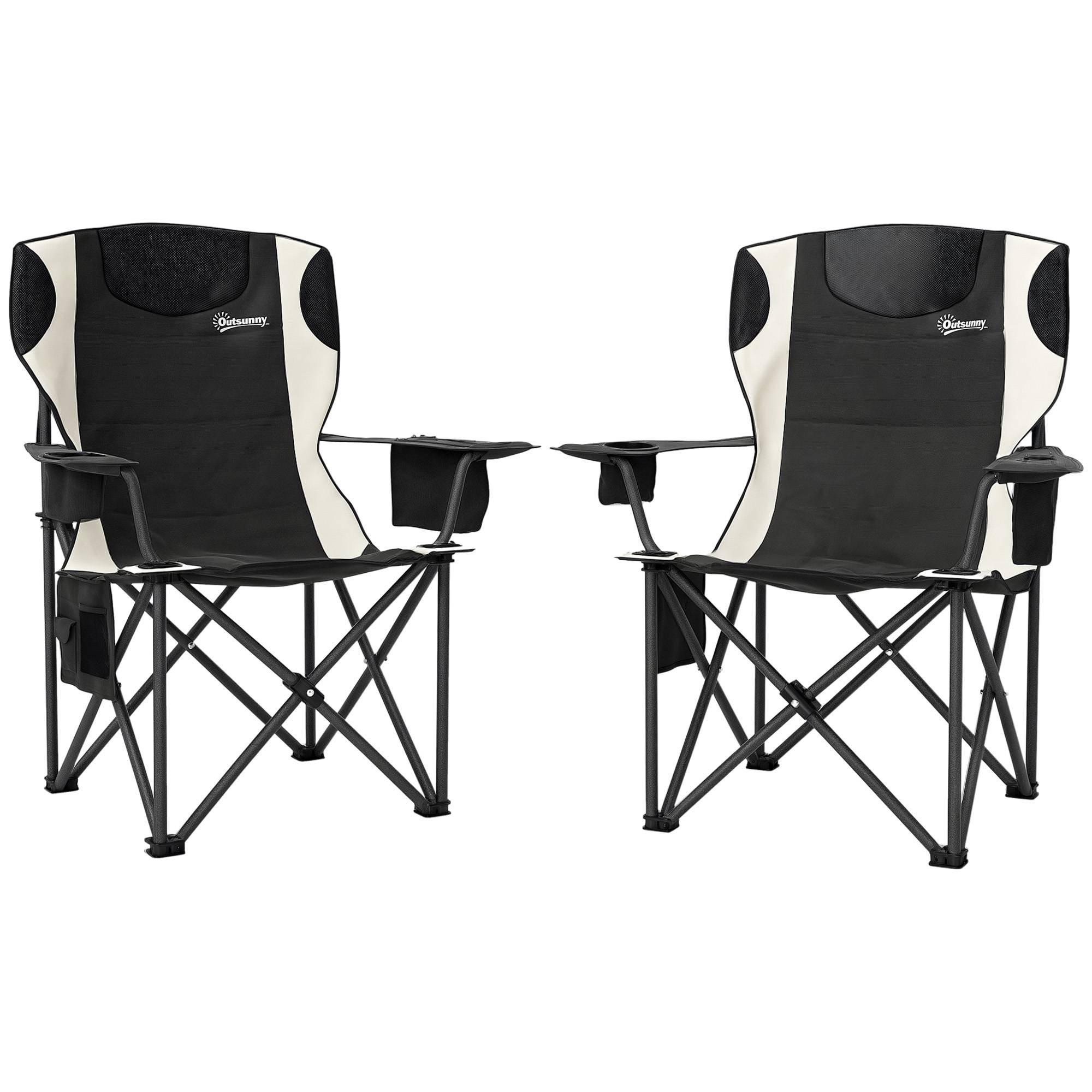 Lot de 2 chaises camping pliantes avec accoudoirs, porte-gobelet, appui-tête et glacière intégrée noires - Image 1