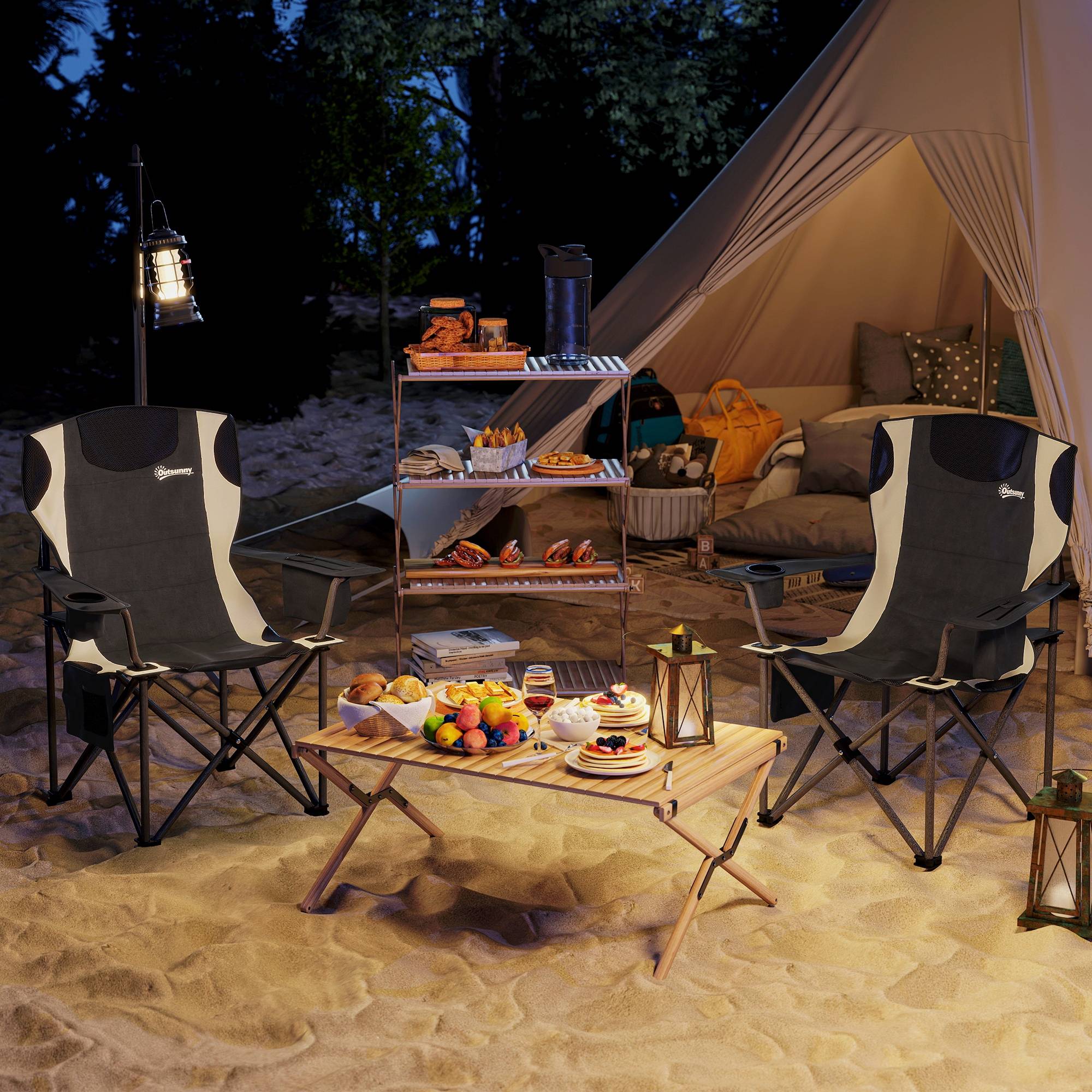 Lot de 2 chaises camping pliantes avec accoudoirs, porte-gobelet, appui-tête et glacière intégrée noires - Image 4