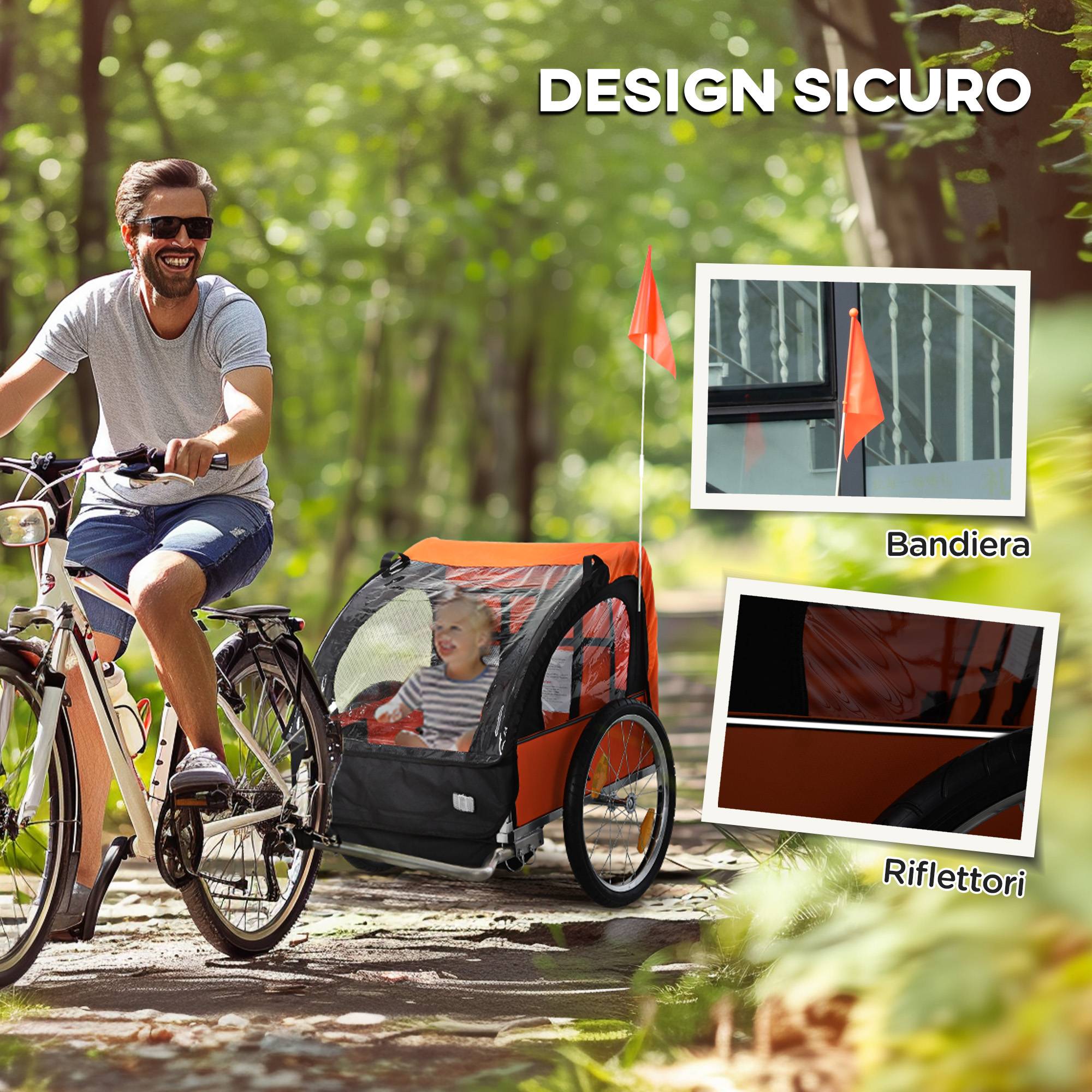Remorque vélo enfant avec 2 sièges, 2 ceintures de sécurité, cadre en acier et housse en tissu Oxford orange - Image 10