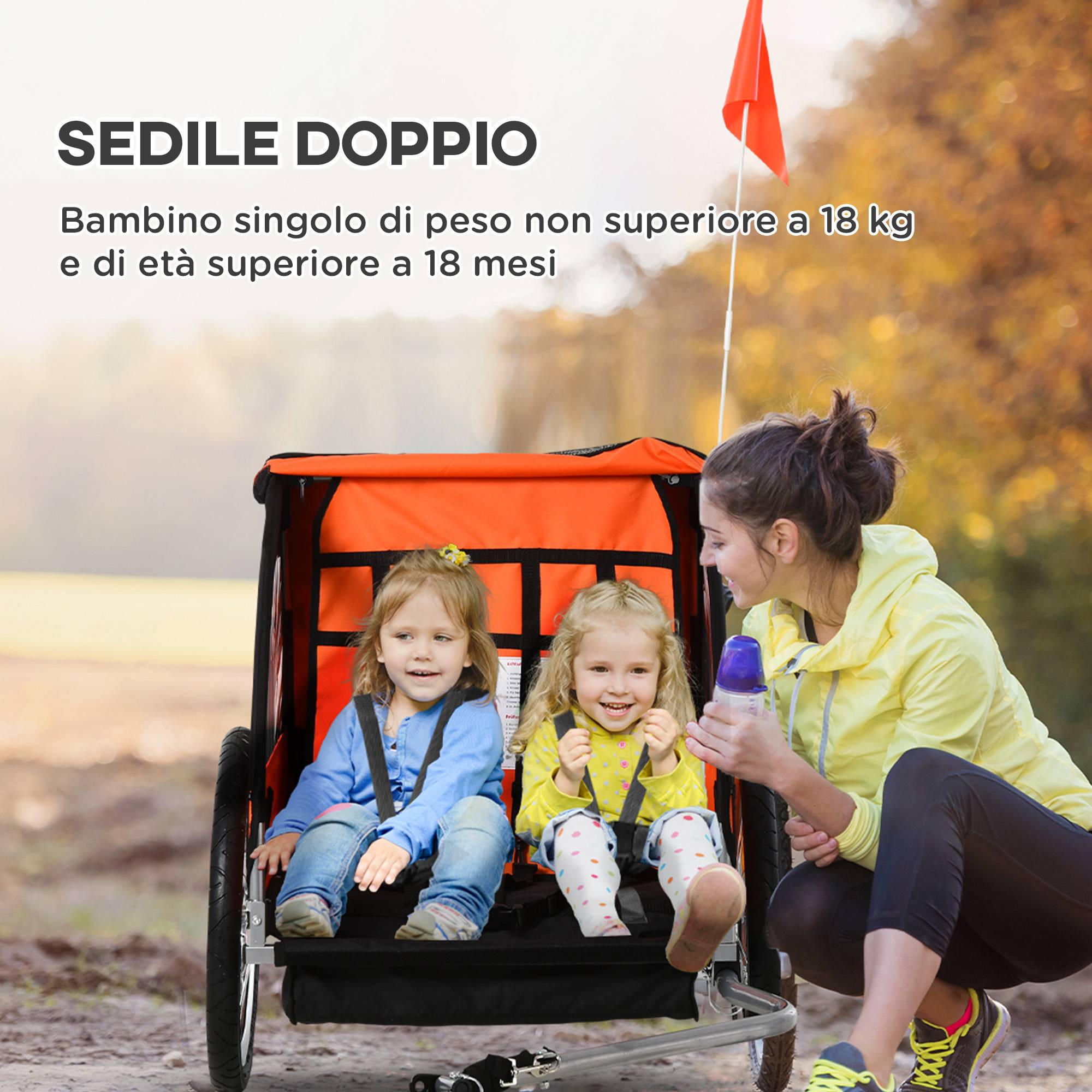 Remorque vélo enfant avec 2 sièges, 2 ceintures de sécurité, cadre en acier et housse en tissu Oxford orange - Image 7