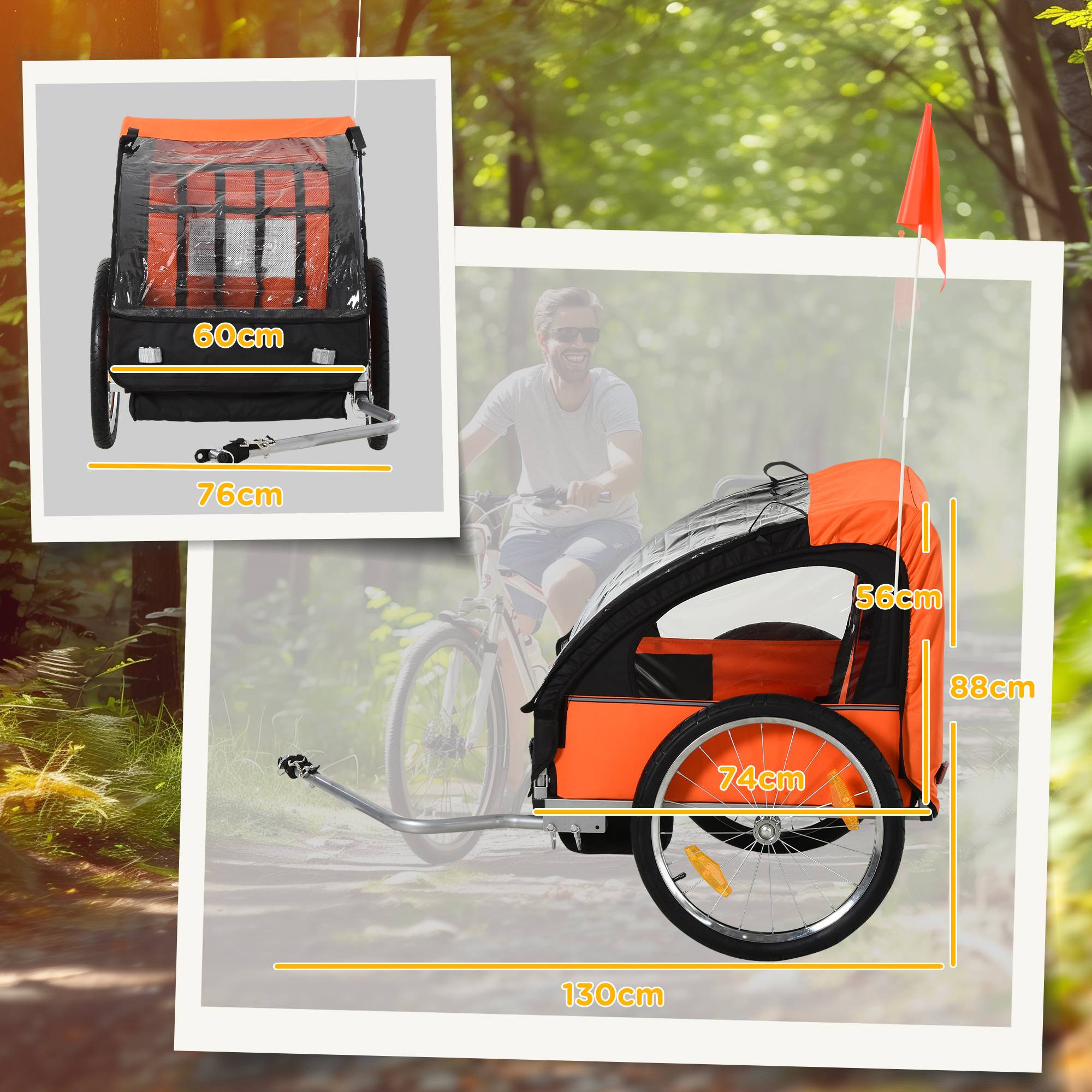 Remorque vélo enfant avec 2 sièges, 2 ceintures de sécurité, cadre en acier et housse en tissu Oxford orange - Image 5