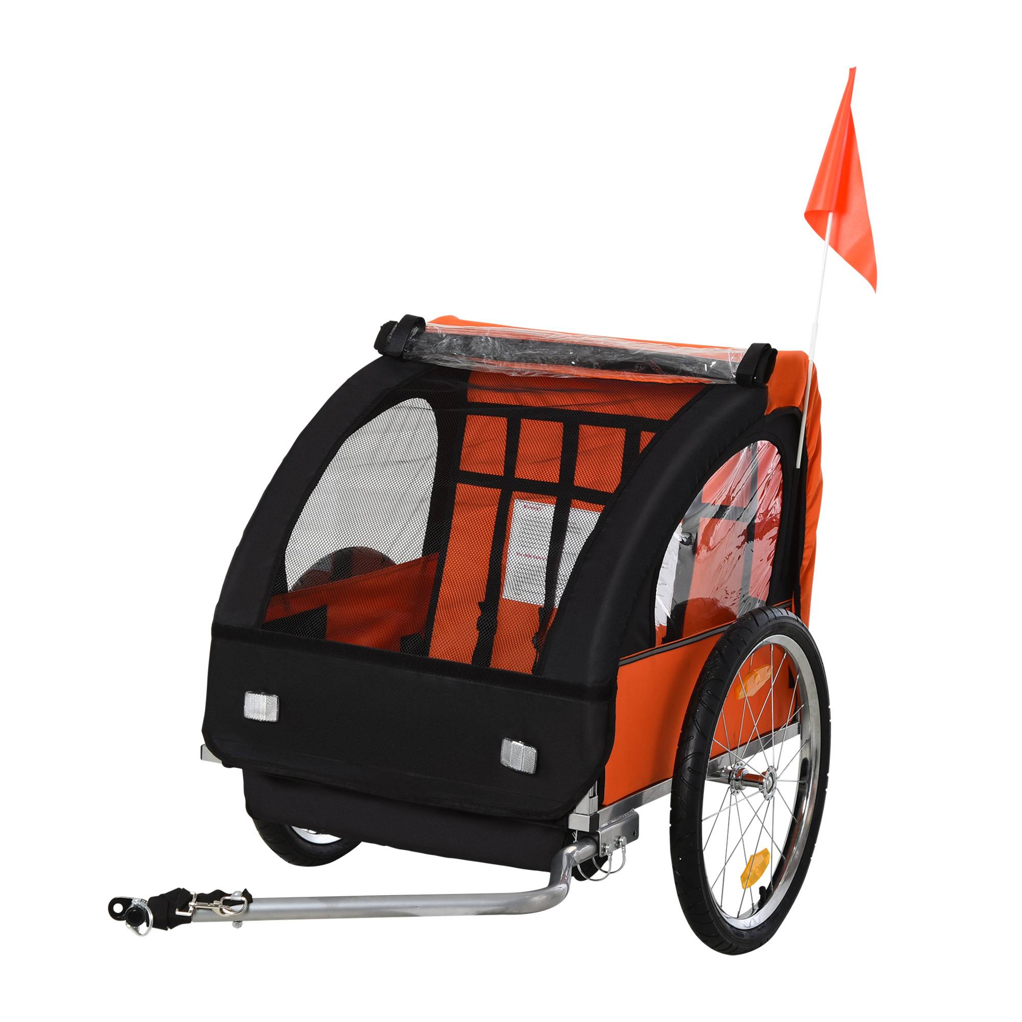 Remorque vélo enfant avec 2 sièges, 2 ceintures de sécurité, cadre en acier et housse en tissu Oxford orange - Image 1