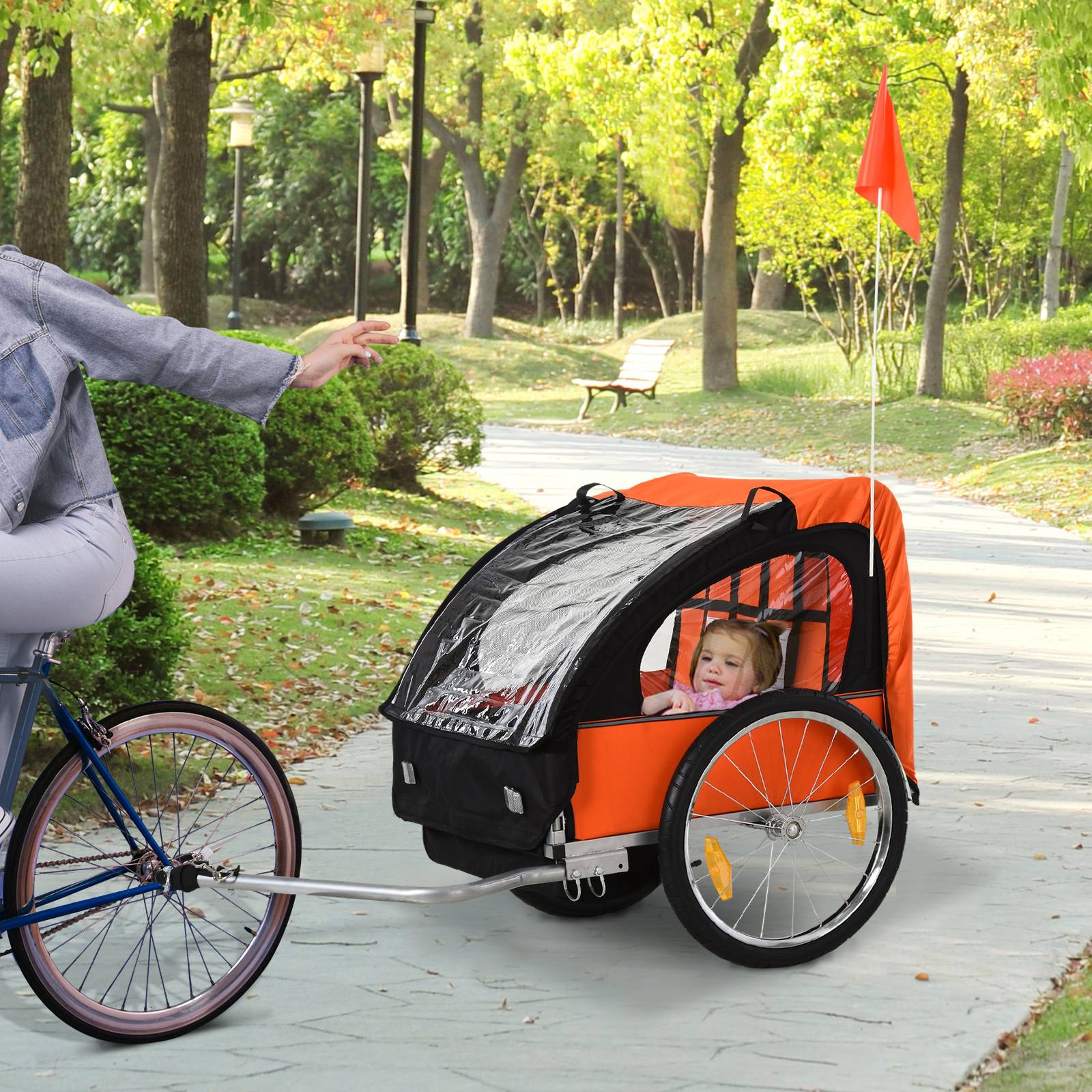 Remorque vélo enfant avec 2 sièges, 2 ceintures de sécurité, cadre en acier et housse en tissu Oxford orange - Image 3