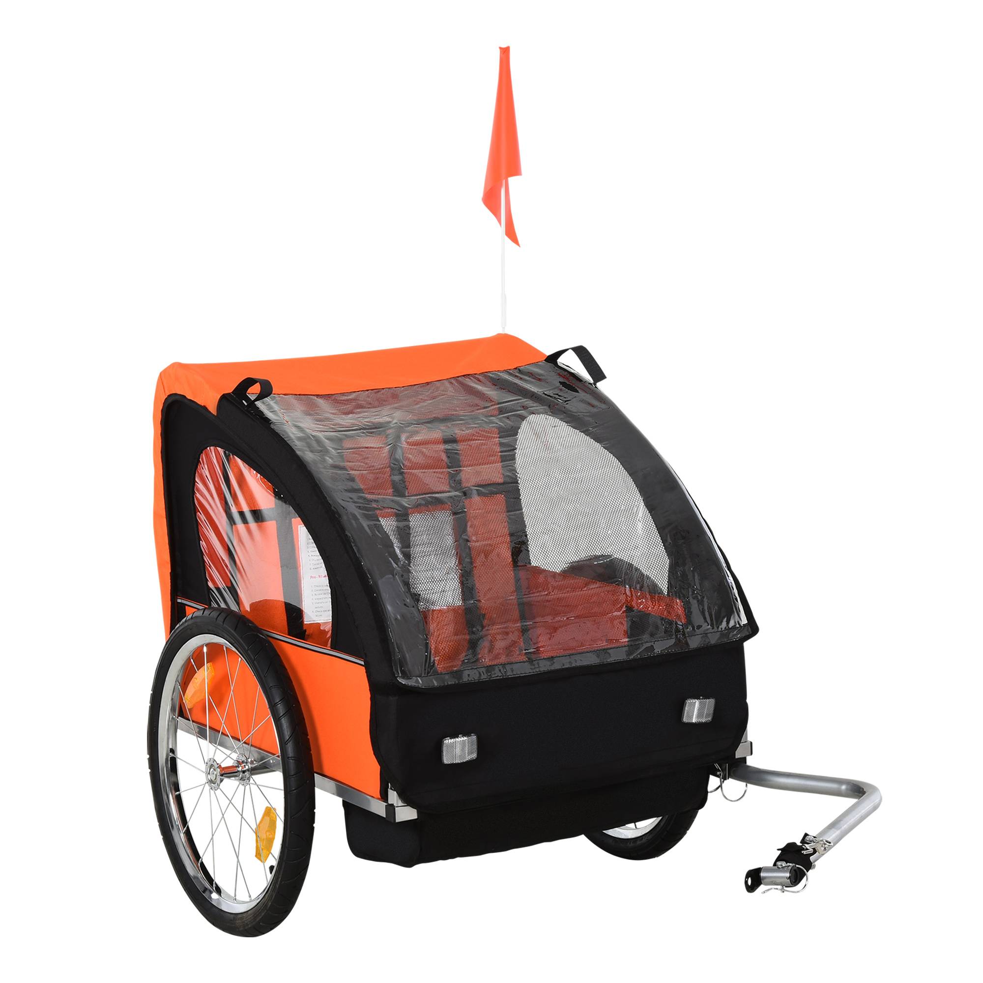 Remorque vélo enfant avec 2 sièges, 2 ceintures de sécurité, cadre en acier et housse en tissu Oxford orange - Image 2
