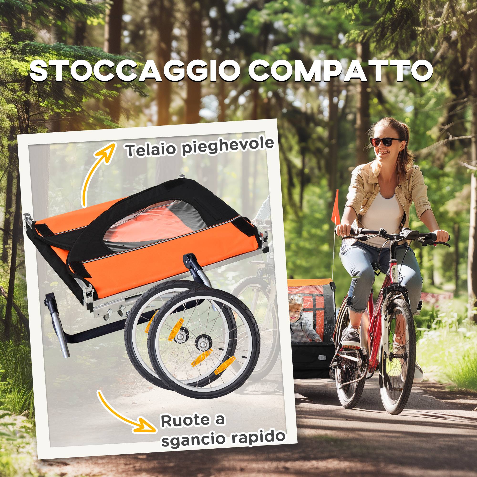 Remorque vélo enfant avec 2 sièges, 2 ceintures de sécurité, cadre en acier et housse en tissu Oxford orange - Image 8