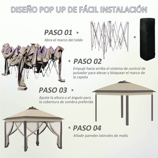 Tonnelle pliante avec éclairage LED 3,3 x 3,3 m, tonnelle de jardin avec télécommande, 4 moustiquaires, hauteur réglable, beige - Image 7
