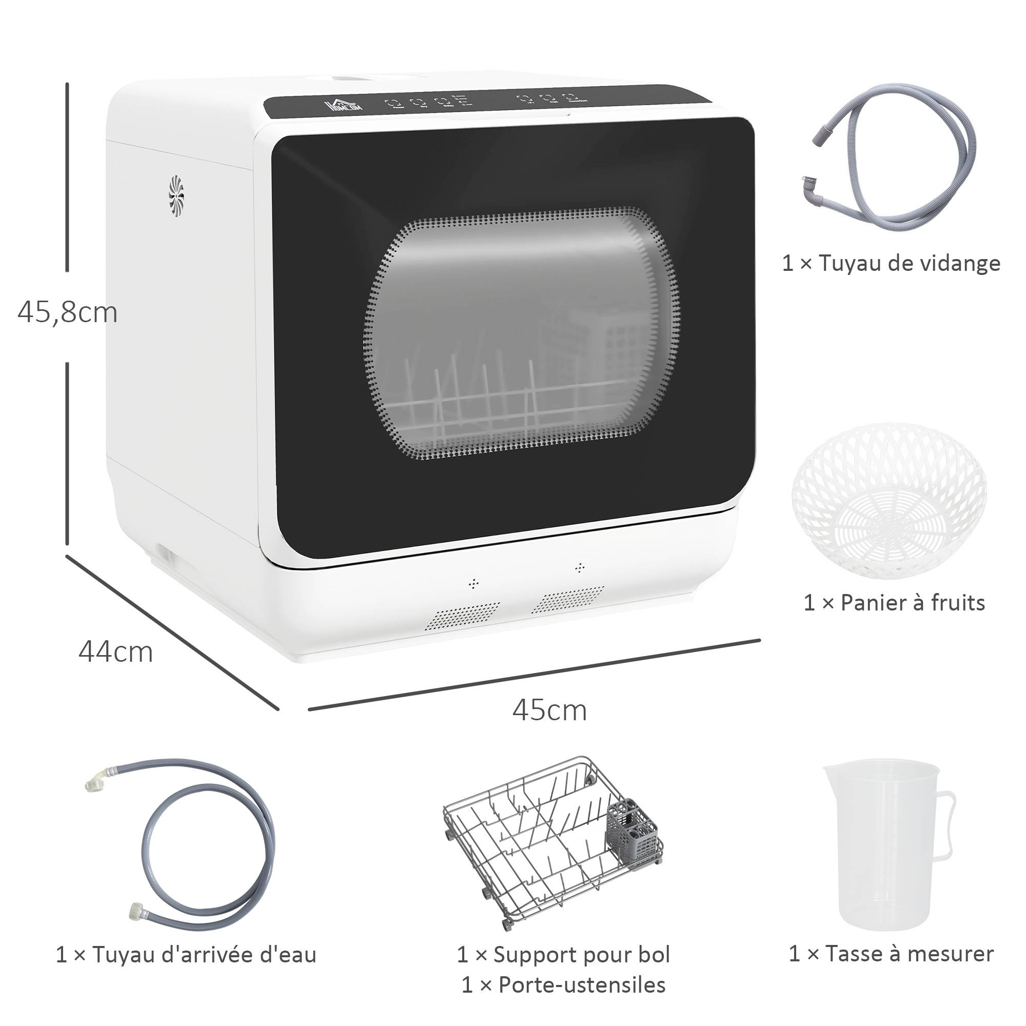 Mini lave-vaisselle 4 couverts 5 programmes, réservoir 6L, commande tactile écran LED, 45x44x45,8cm, blanc - Image 5