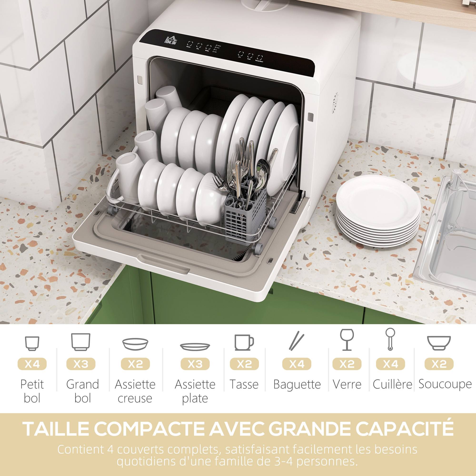 Mini lave-vaisselle 4 couverts 5 programmes, réservoir 6L, commande tactile écran LED, 45x44x45,8cm, blanc - Image 6
