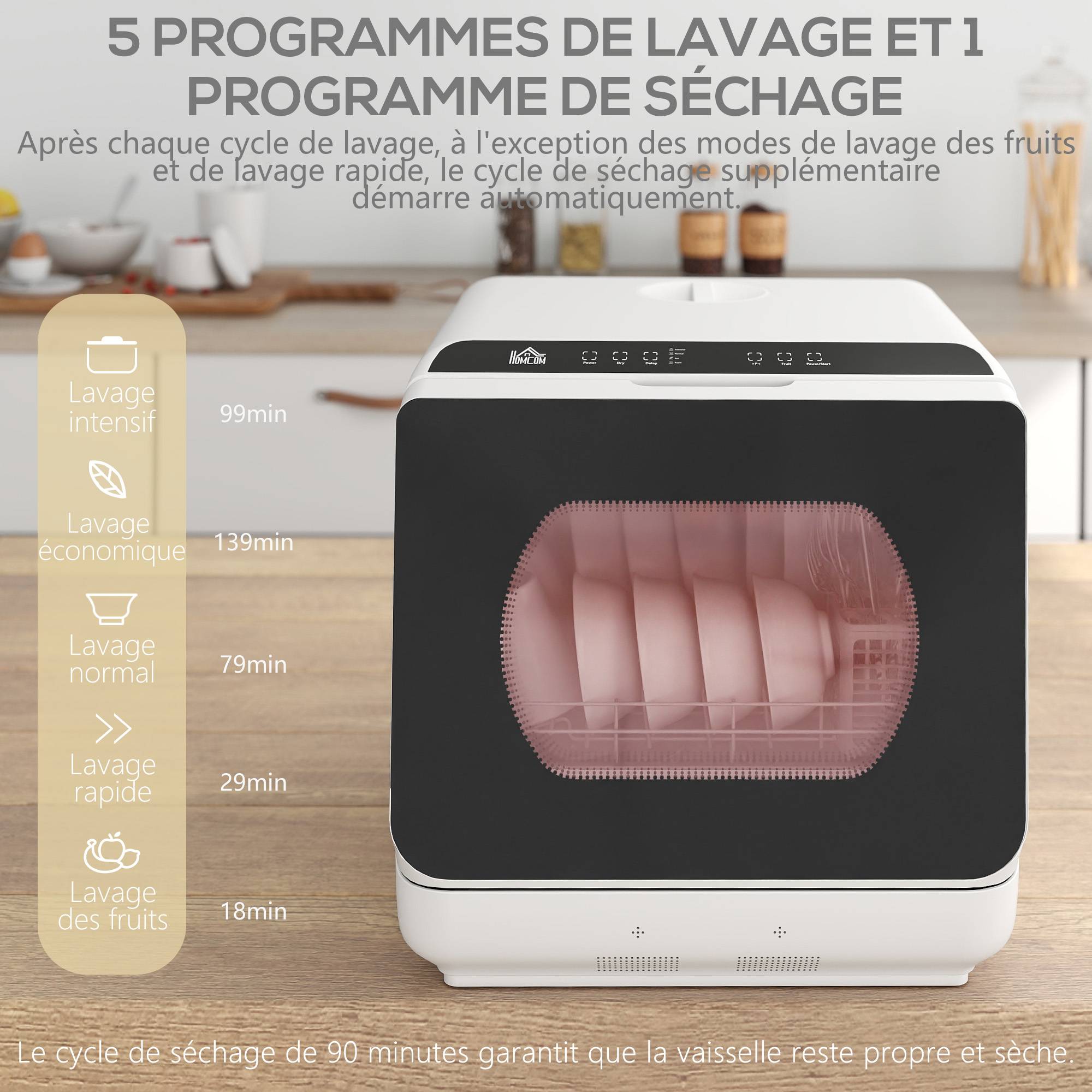 Mini lave-vaisselle 4 couverts 5 programmes, réservoir 6L, commande tactile écran LED, 45x44x45,8cm, blanc - Image 7