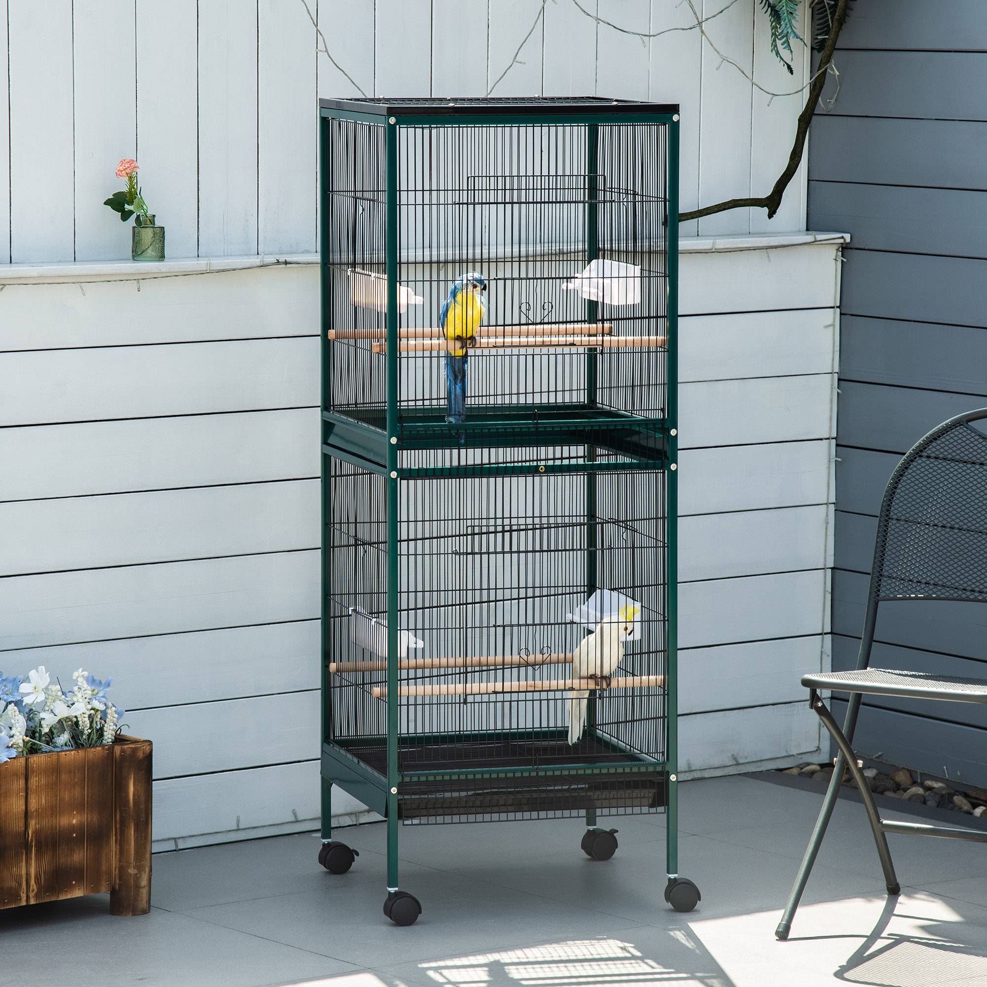 Sans Marque - Grande Cage à Oiseaux sur pied double avec mangeoires perchoirs plateau amovible roulettes - Dim. 51,5L x 50l x 140H cm - Image 4