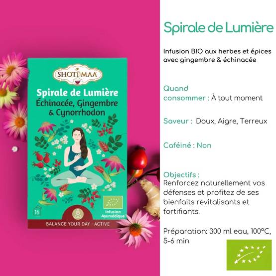 Tisane Bio Spirale de Lumière – Infusions Revitalisante Harmonieuse Gingembre et Cynorrhodon- sans Caféine-Ingrédients haute qualité - Image 2