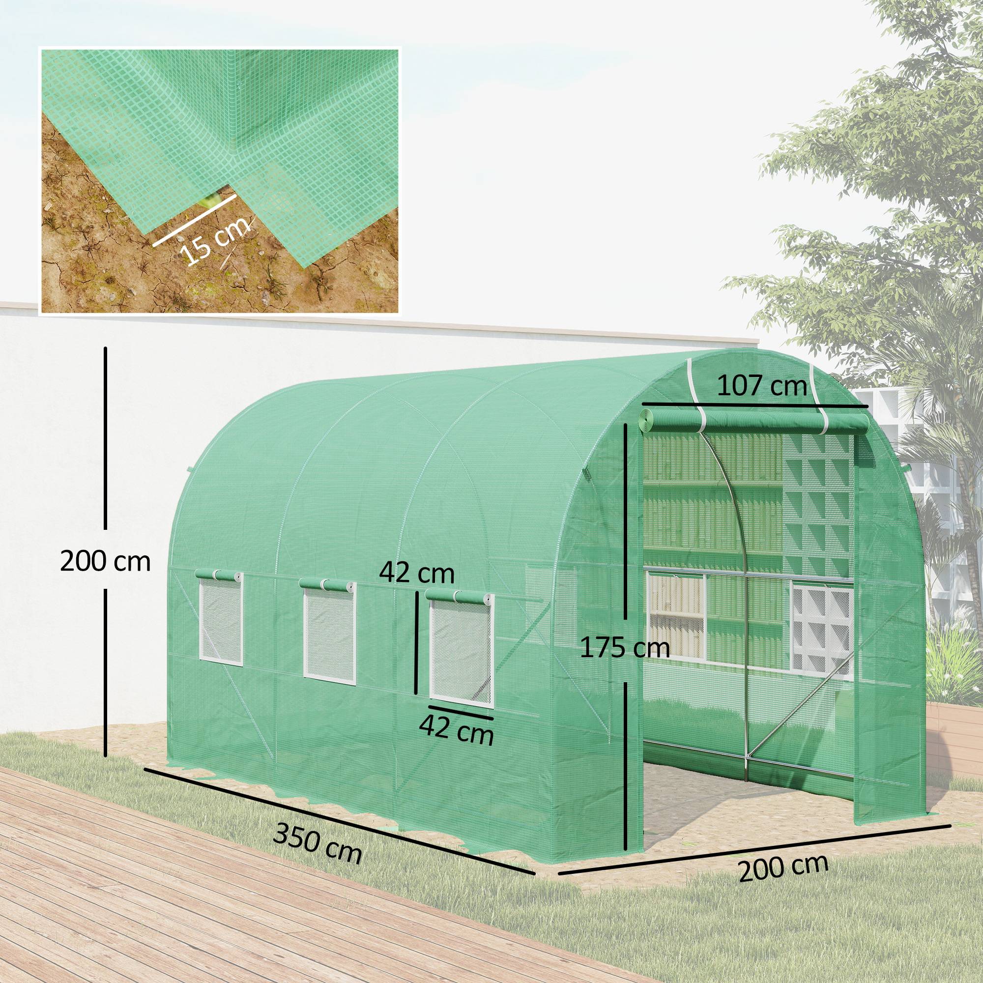 ComfortXL - Serre tunnel de jardin acier 350 x 200 x 200 cm verte potager porte enroulable - ComfortXL Outdoor Living - Image 5