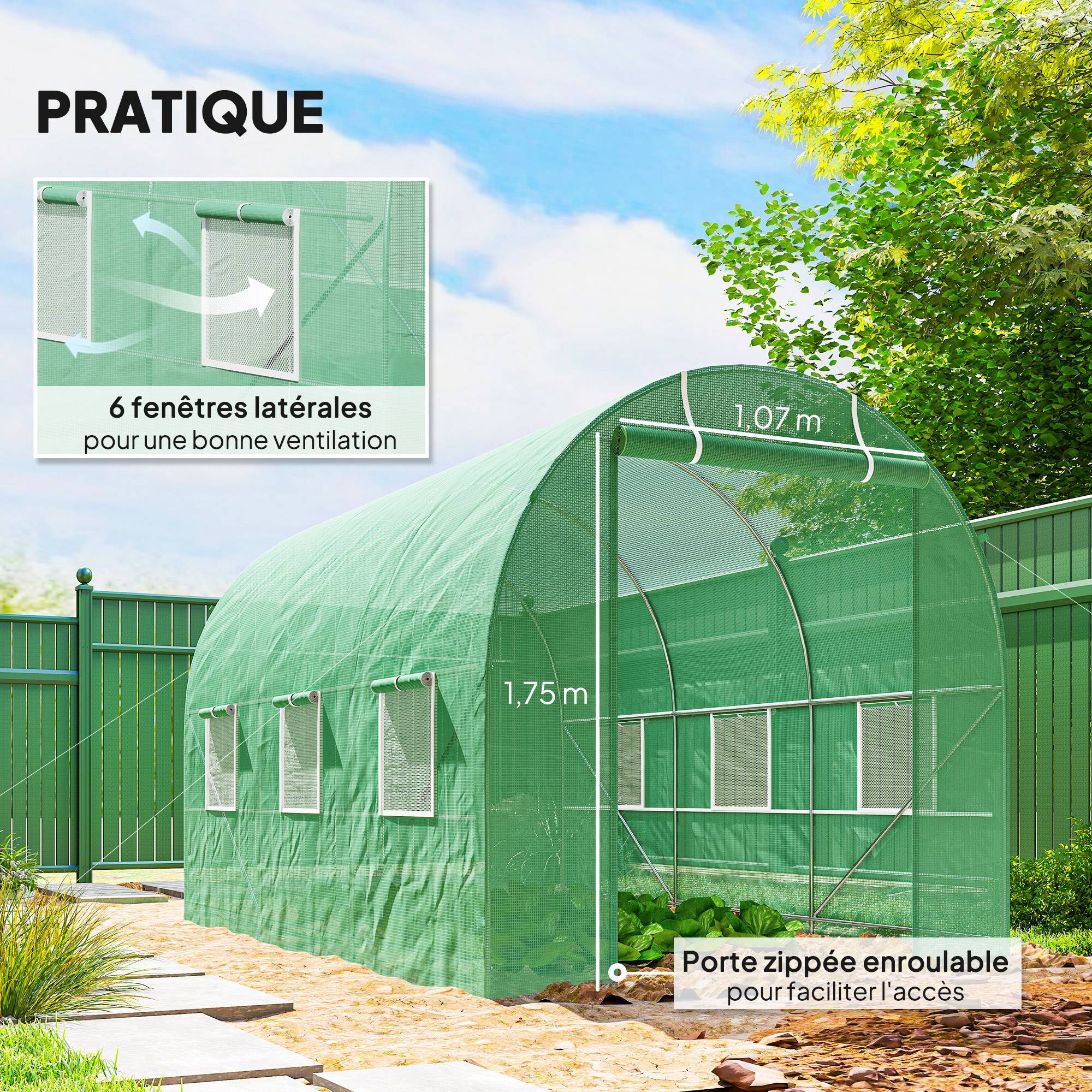 ComfortXL - Serre tunnel de jardin acier 350 x 200 x 200 cm verte potager porte enroulable - ComfortXL Outdoor Living - Image 8