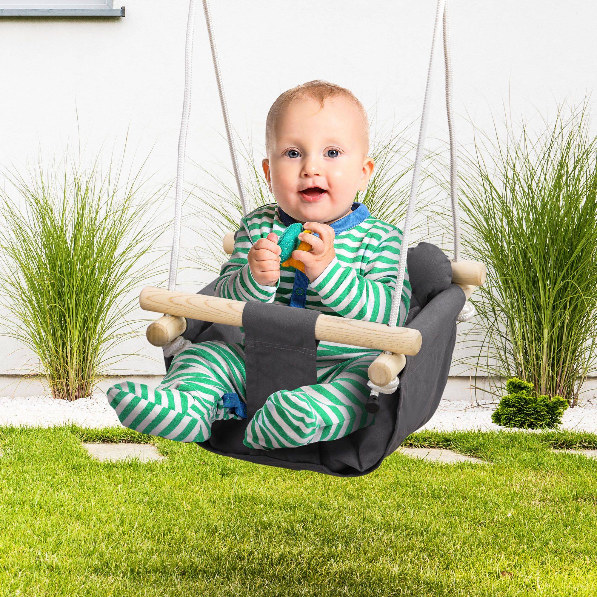 Balancelle gris et bois hauteur modulable pour bébés 9–36 mois 40 × 40 × 110–180 cm - Image 4
