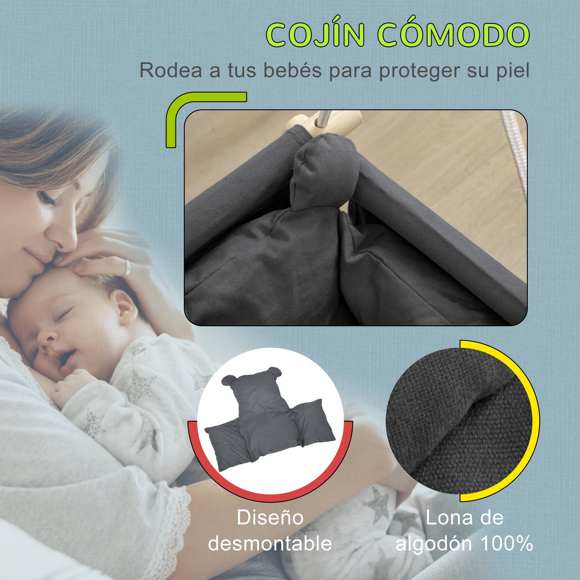 Balancelle gris et bois hauteur modulable pour bébés 9–36 mois 40 × 40 × 110–180 cm - Image 6