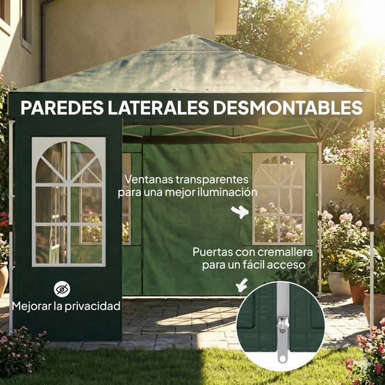 Tente pliante pop-up 3x3m avec protection UPF50+, 4 panneaux latéraux détachables, hauteur réglable et sac de transport (verte) - Image 10