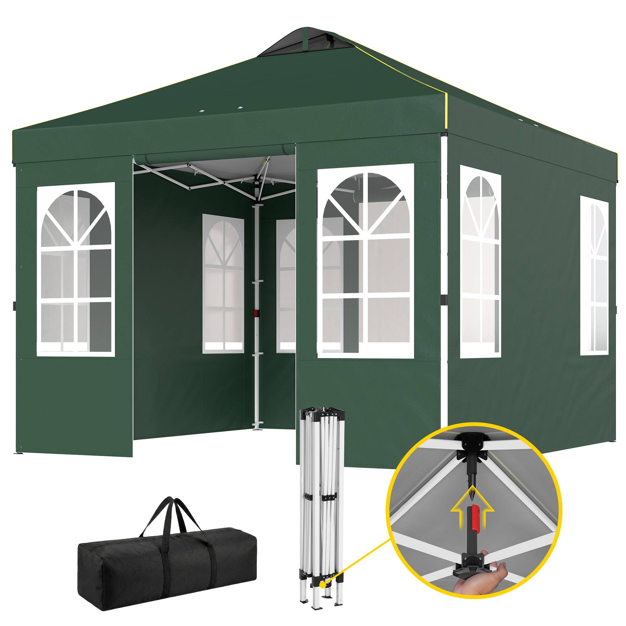 Tente pliante pop-up 3x3m avec protection UPF50+, 4 panneaux latéraux détachables, hauteur réglable et sac de transport (verte) - Image 2