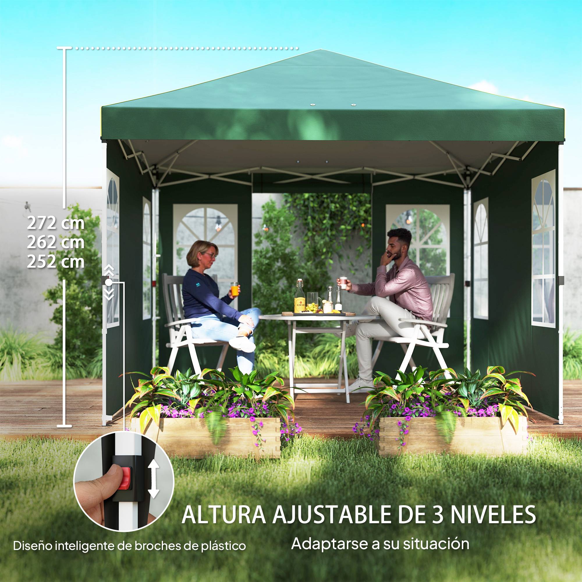 Tente pliante pop-up 3x3m avec protection UPF50+, 4 panneaux latéraux détachables, hauteur réglable et sac de transport (verte) - Image 9