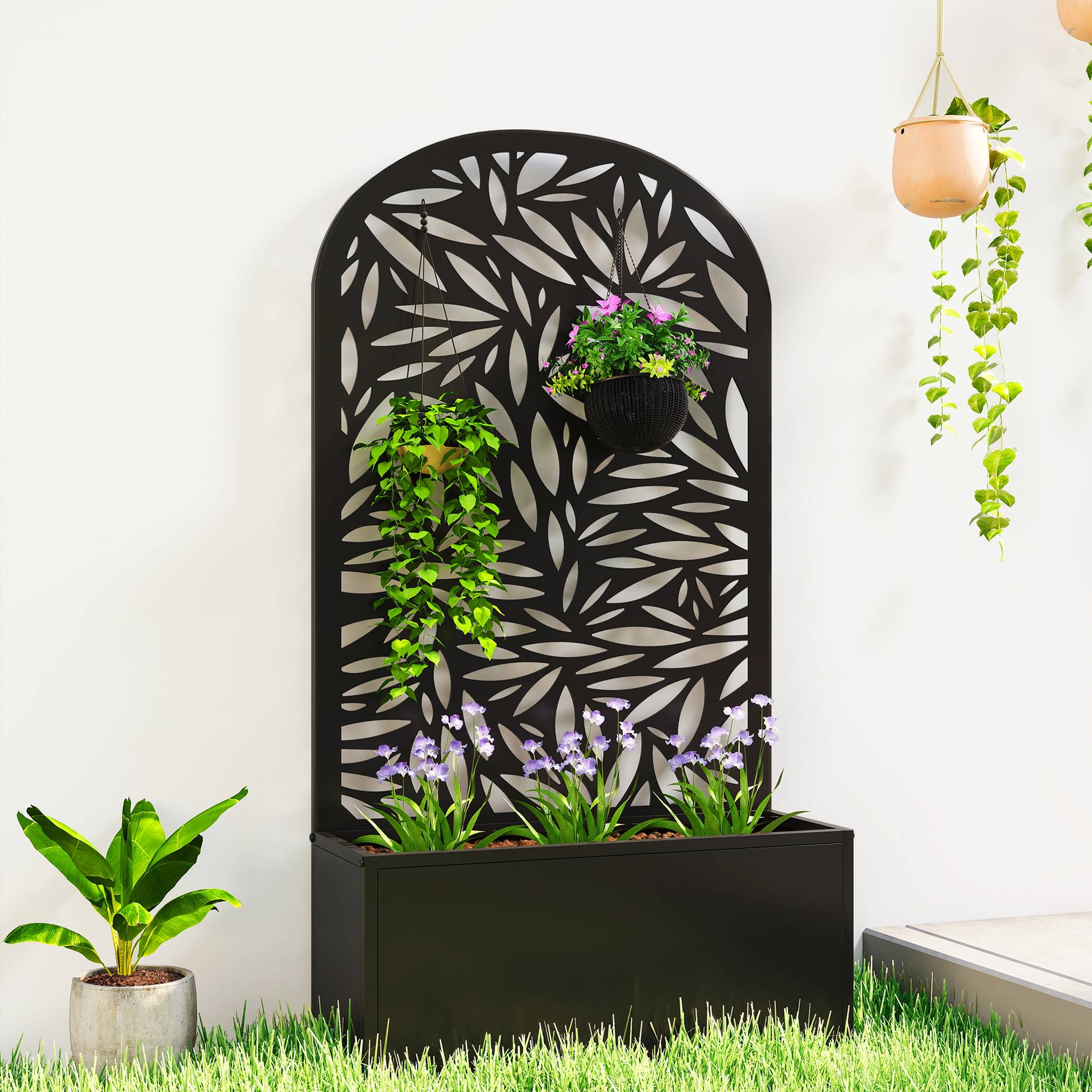 Sans Marque - Jardinière avec treillis, bac à fleurs en métal, à fixer au mur ou au sol, 61x23x113cm, noir - Image 3