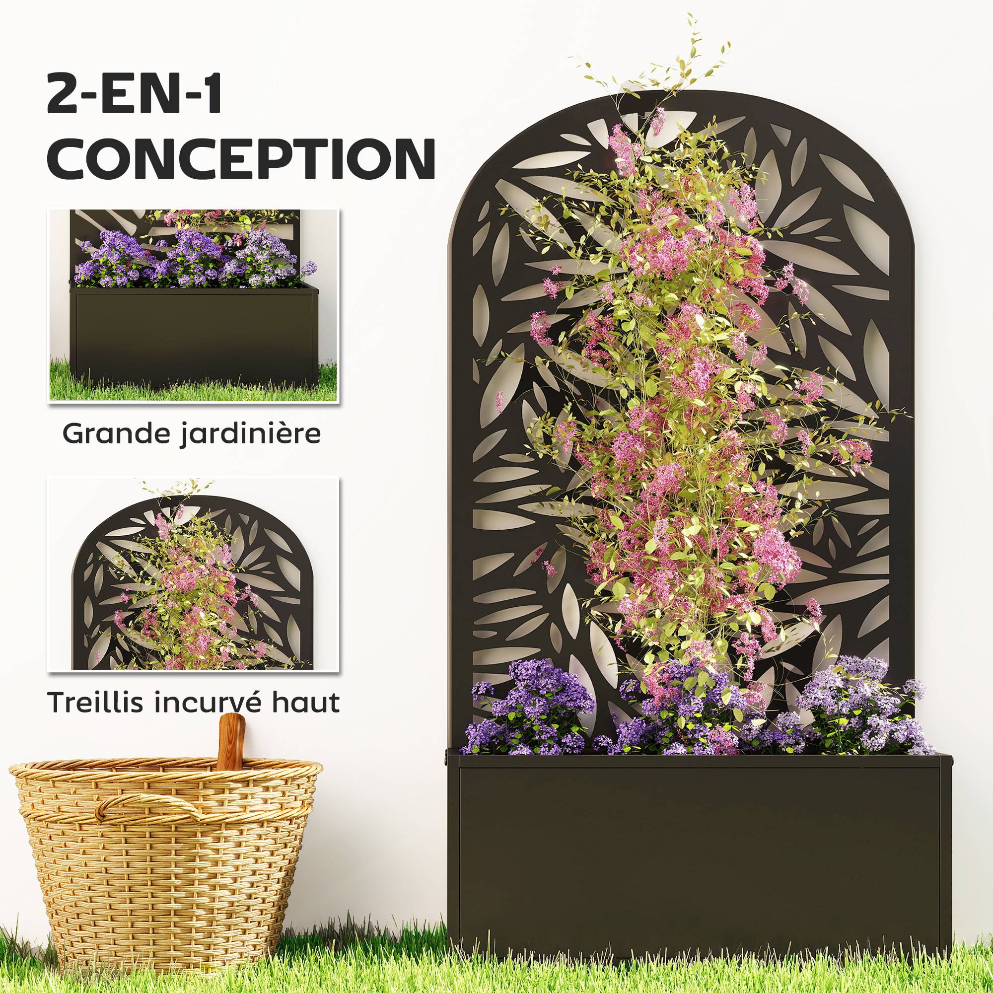 Sans Marque - Jardinière avec treillis, bac à fleurs en métal, à fixer au mur ou au sol, 61x23x113cm, noir - Image 6
