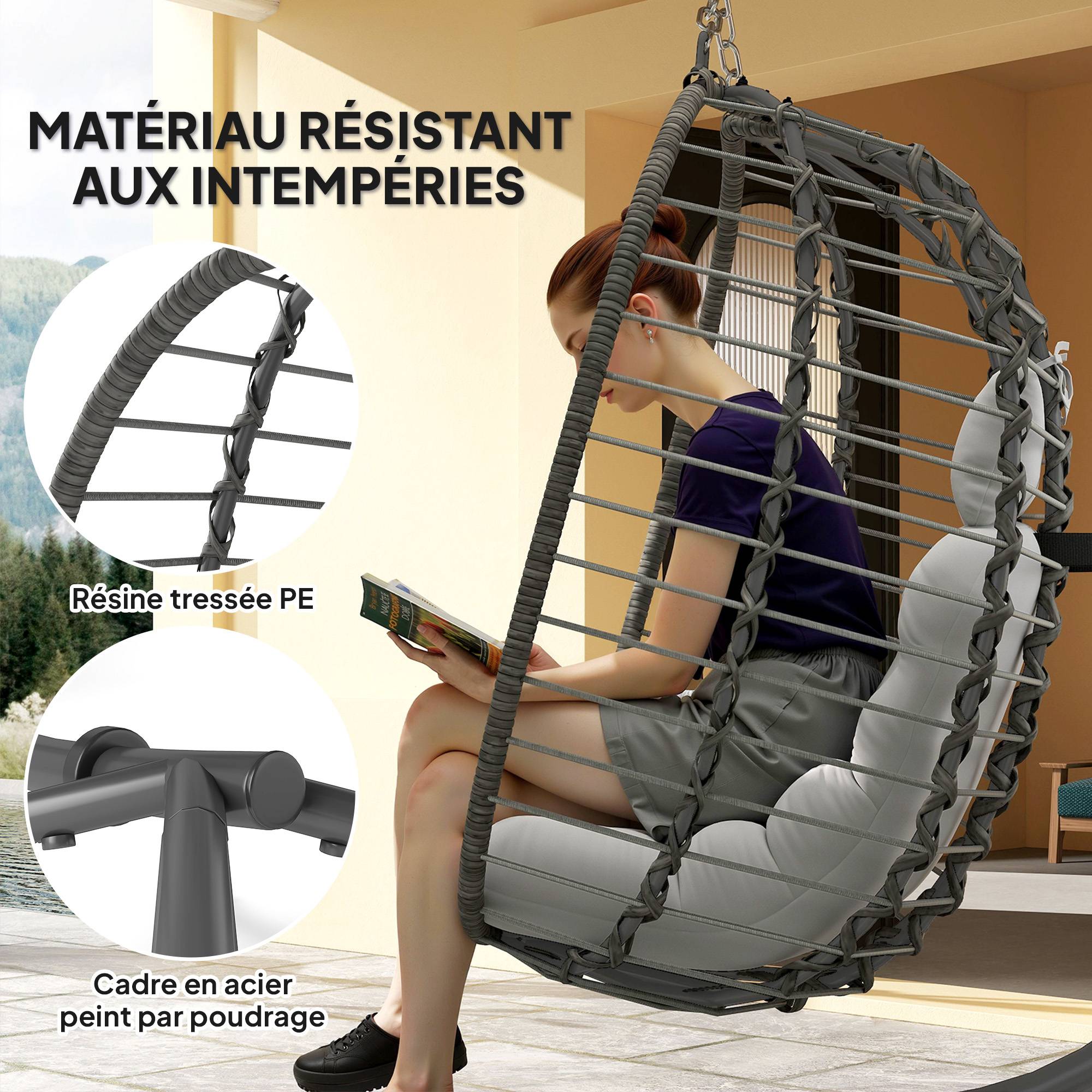 Fauteuil suspendu résine tressée gris 122 x 104 x 188 cm - PANGIVO - Image 6