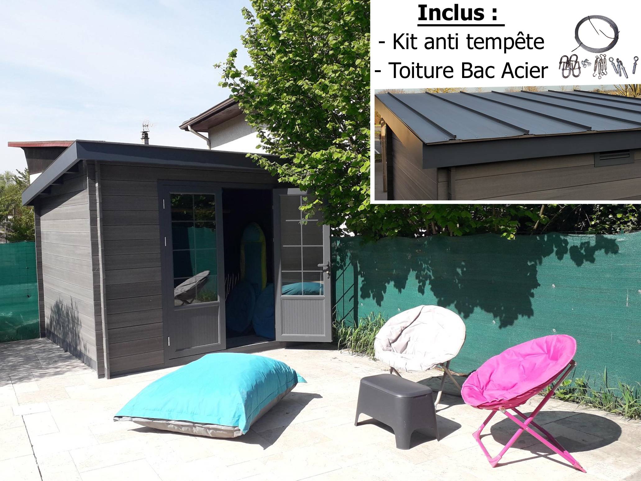 Green Outside - Abri aluminium et composite 3x3m Toit "Plat" coloris Gris avec Bac Acier et kit anti tempête INCLUS - Image 1
