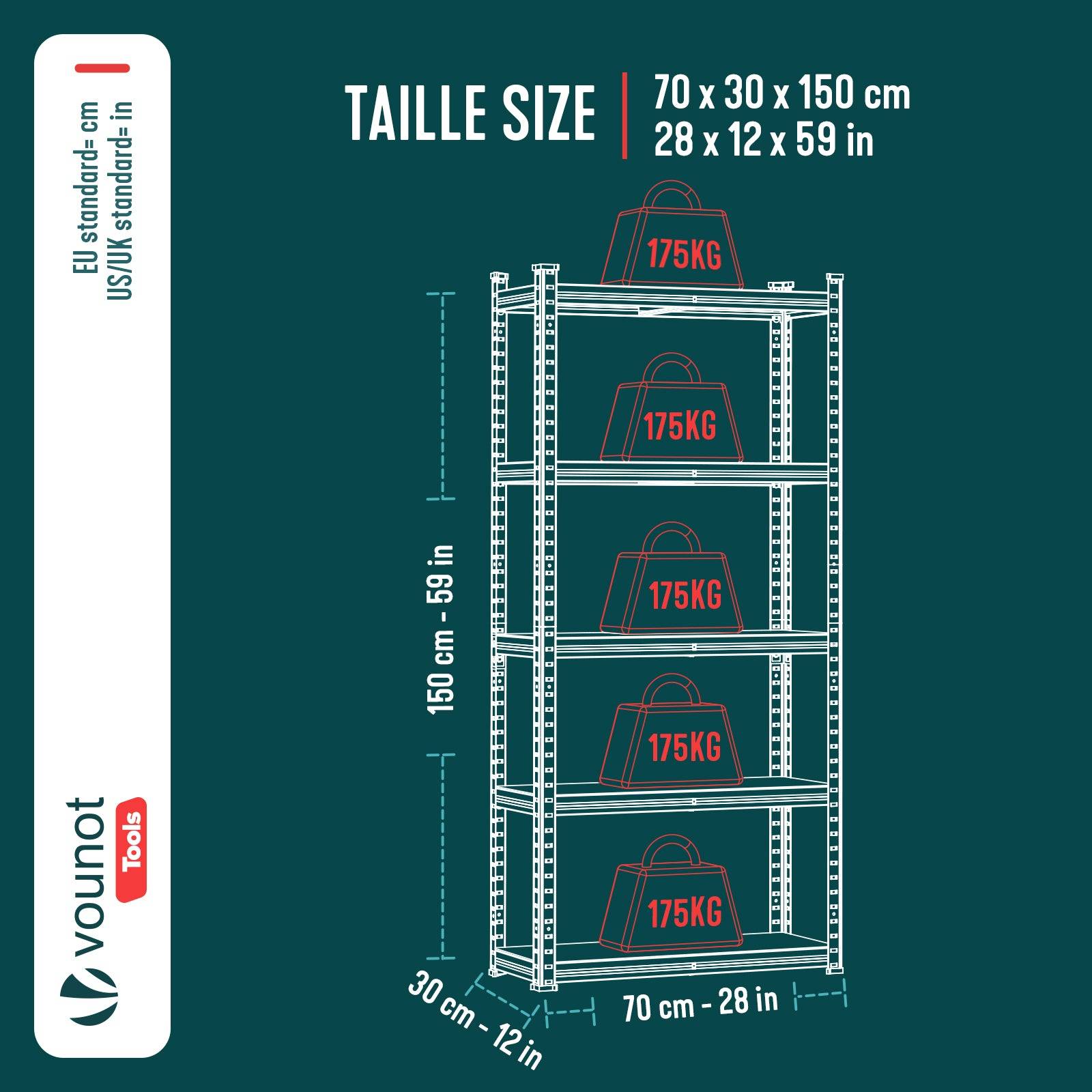 Vounot - Etagères métalliques charge lourde 875kg - 70x30x150cm - 5 tablettes réglables - rayonnage robuste VOUNOT® - Image 3