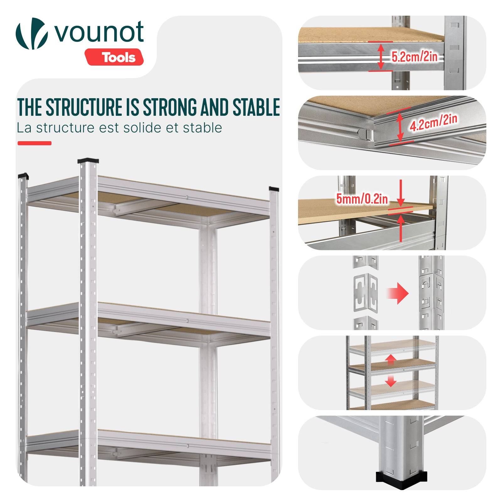 Vounot - Etagères métalliques charge lourde 875kg - 70x30x150cm - 5 tablettes réglables - rayonnage robuste VOUNOT® - Image 4